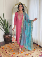 The52 Women Gorgeous Embroidery Work with Viscose Silk Fabric Straight Kurta, Pant and Dupatta Set - Distacart