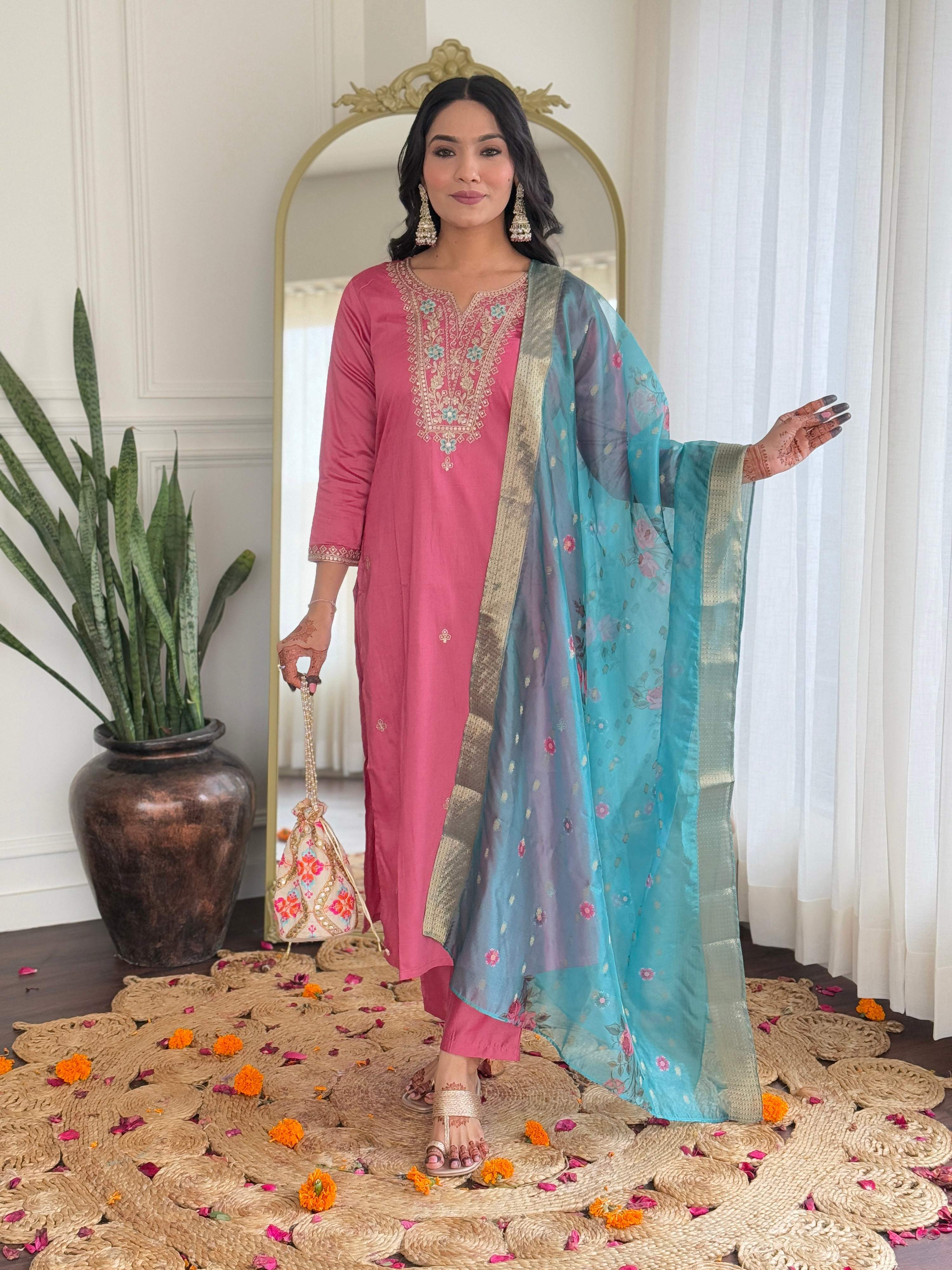The52 Women Gorgeous Embroidery Work with Viscose Silk Fabric Straight Kurta, Pant and Dupatta Set - Distacart