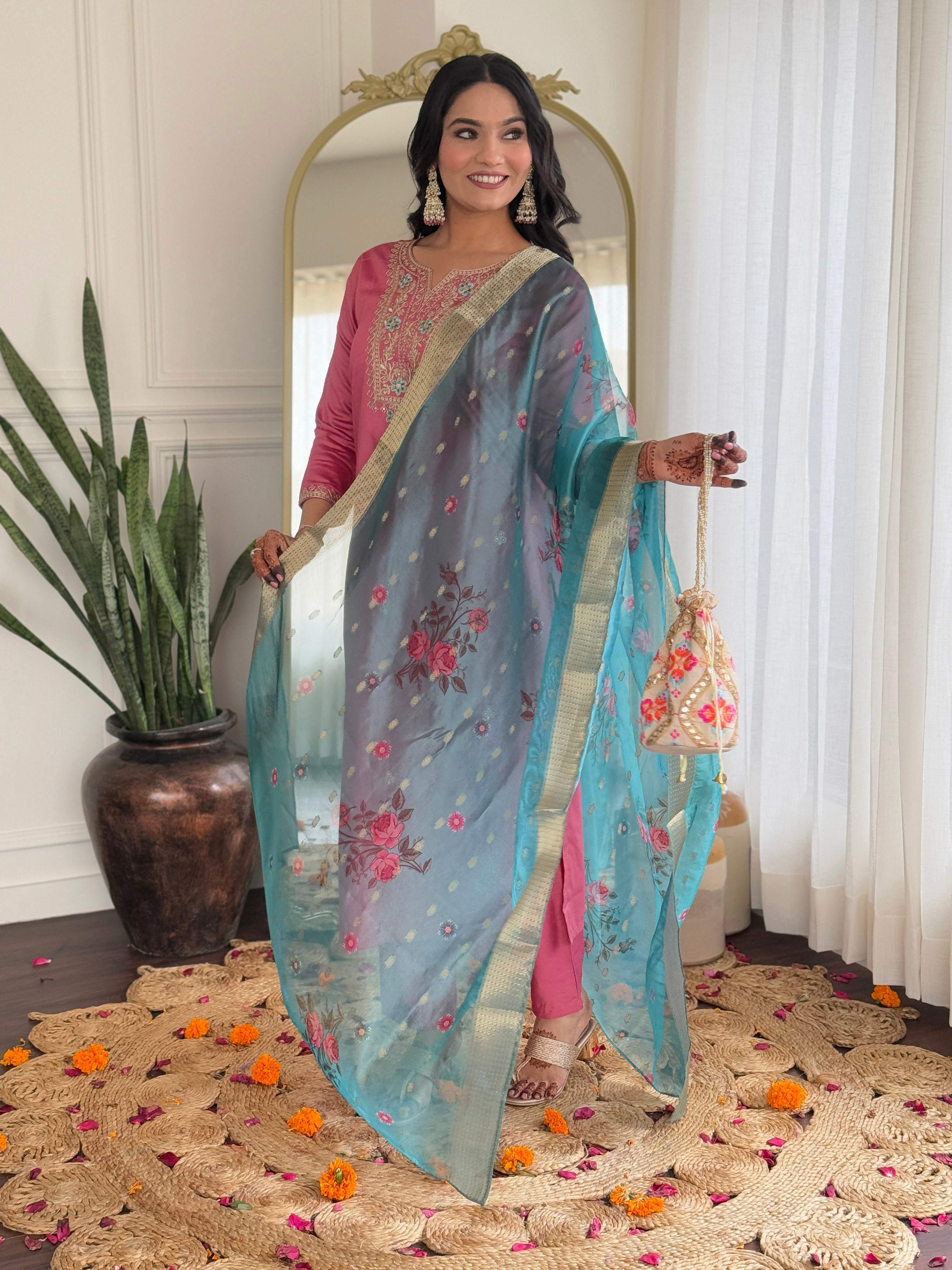 The52 Women Gorgeous Embroidery Work with Viscose Silk Fabric Straight Kurta, Pant and Dupatta Set - Distacart