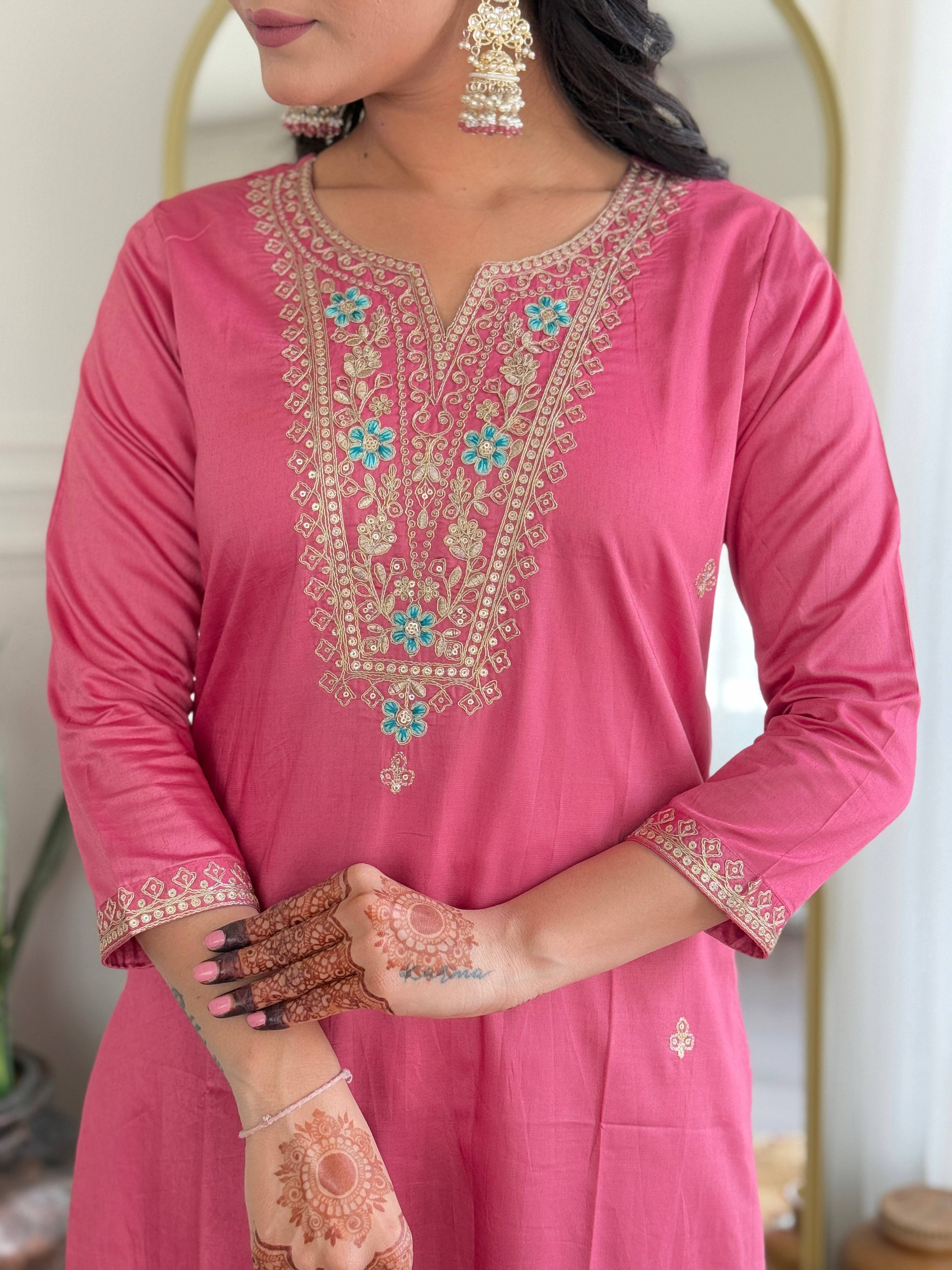 The52 Women Gorgeous Embroidery Work with Viscose Silk Fabric Straight Kurta, Pant and Dupatta Set - Distacart