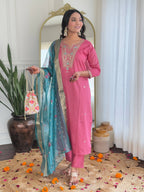 The52 Women Gorgeous Embroidery Work with Viscose Silk Fabric Straight Kurta, Pant and Dupatta Set - Distacart