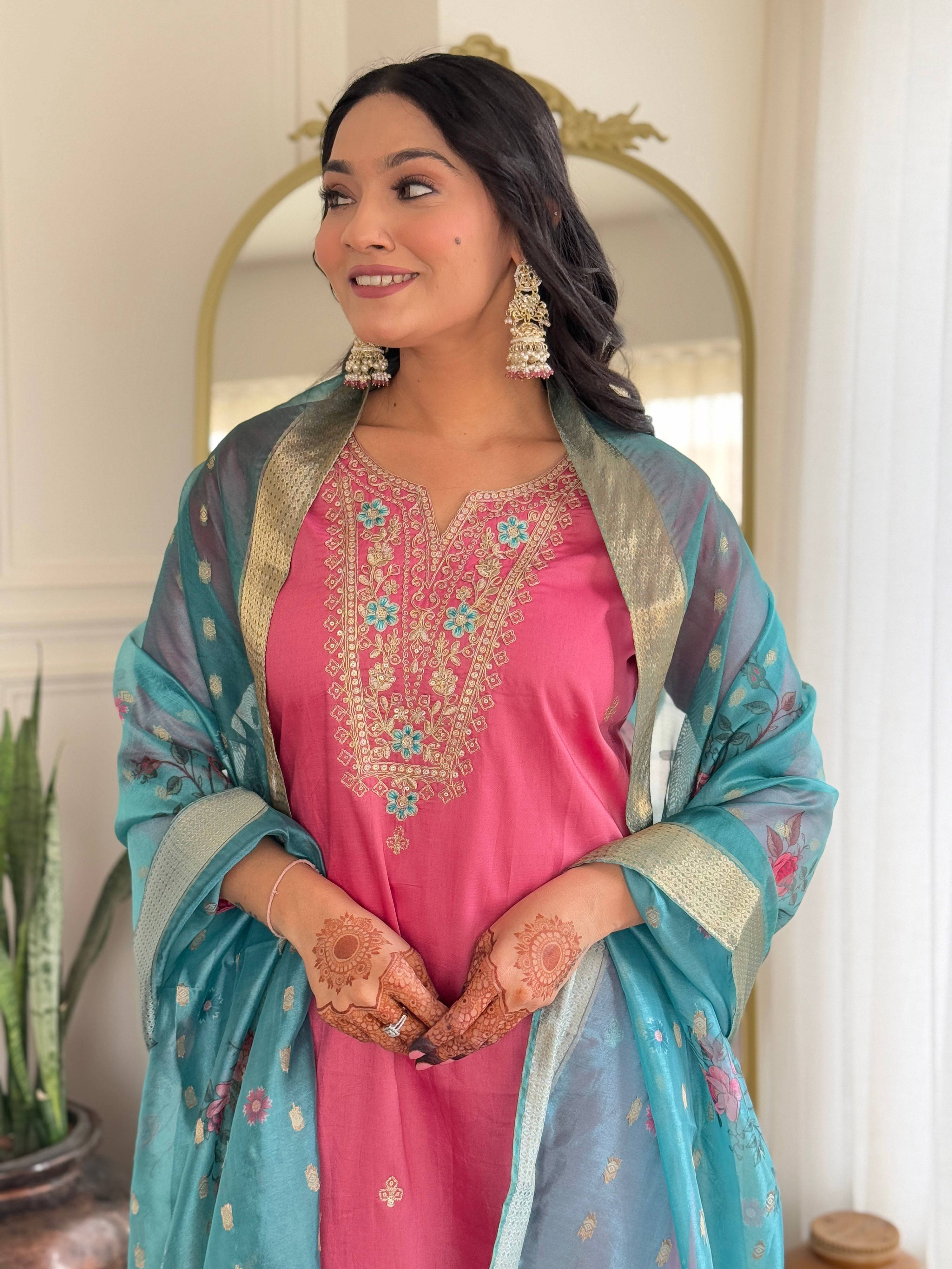 The52 Women Gorgeous Embroidery Work with Viscose Silk Fabric Straight Kurta, Pant and Dupatta Set - Distacart