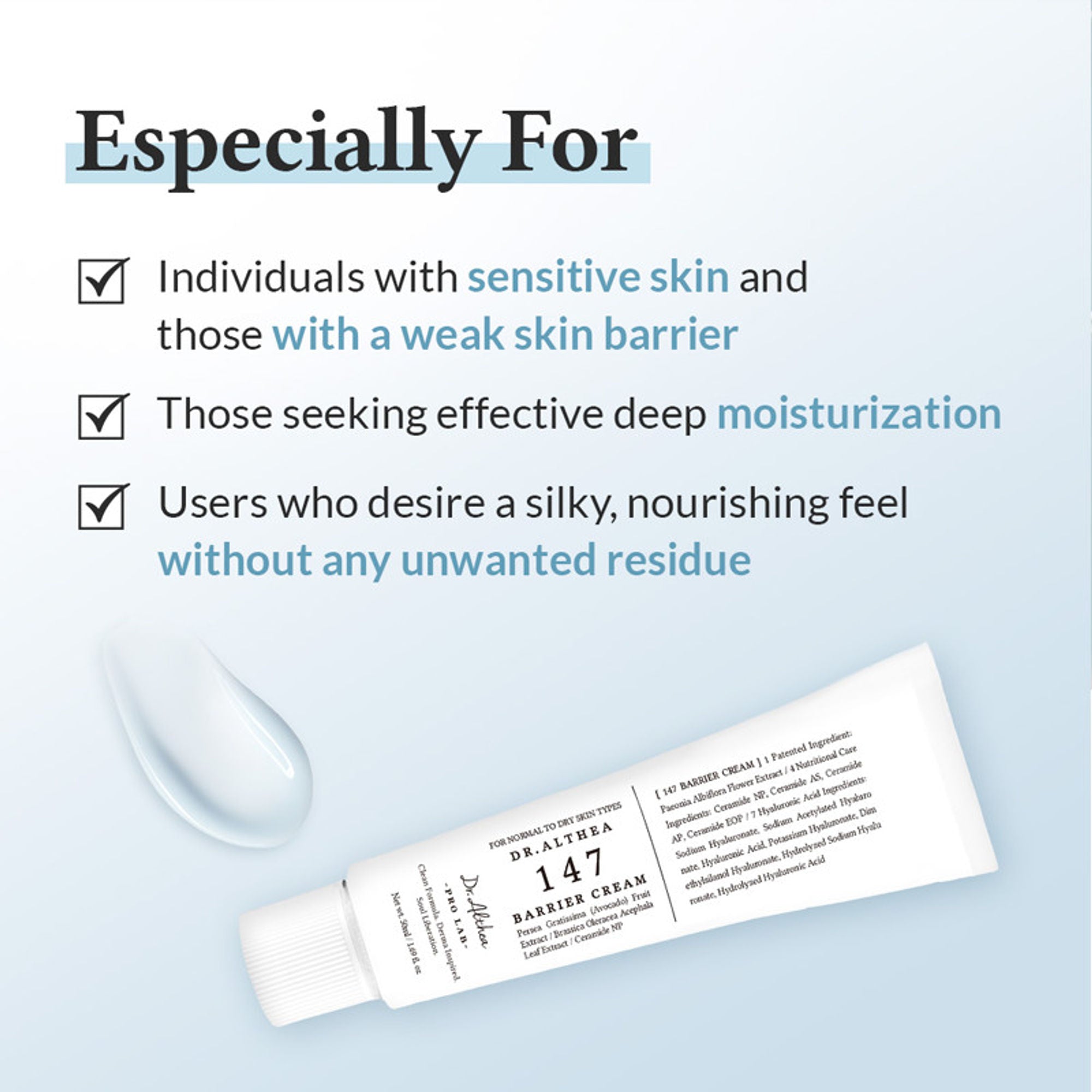 Dr.Althea 147 Barrier Cream: Rich Ceramide & hyaluronic acid infused cream for Damaged Skin Barrier