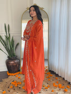 The52 Women's Orange Embroidered Vichitra Silk Fabric Straight Kurta, Pant and Dupatta Set - Distacart