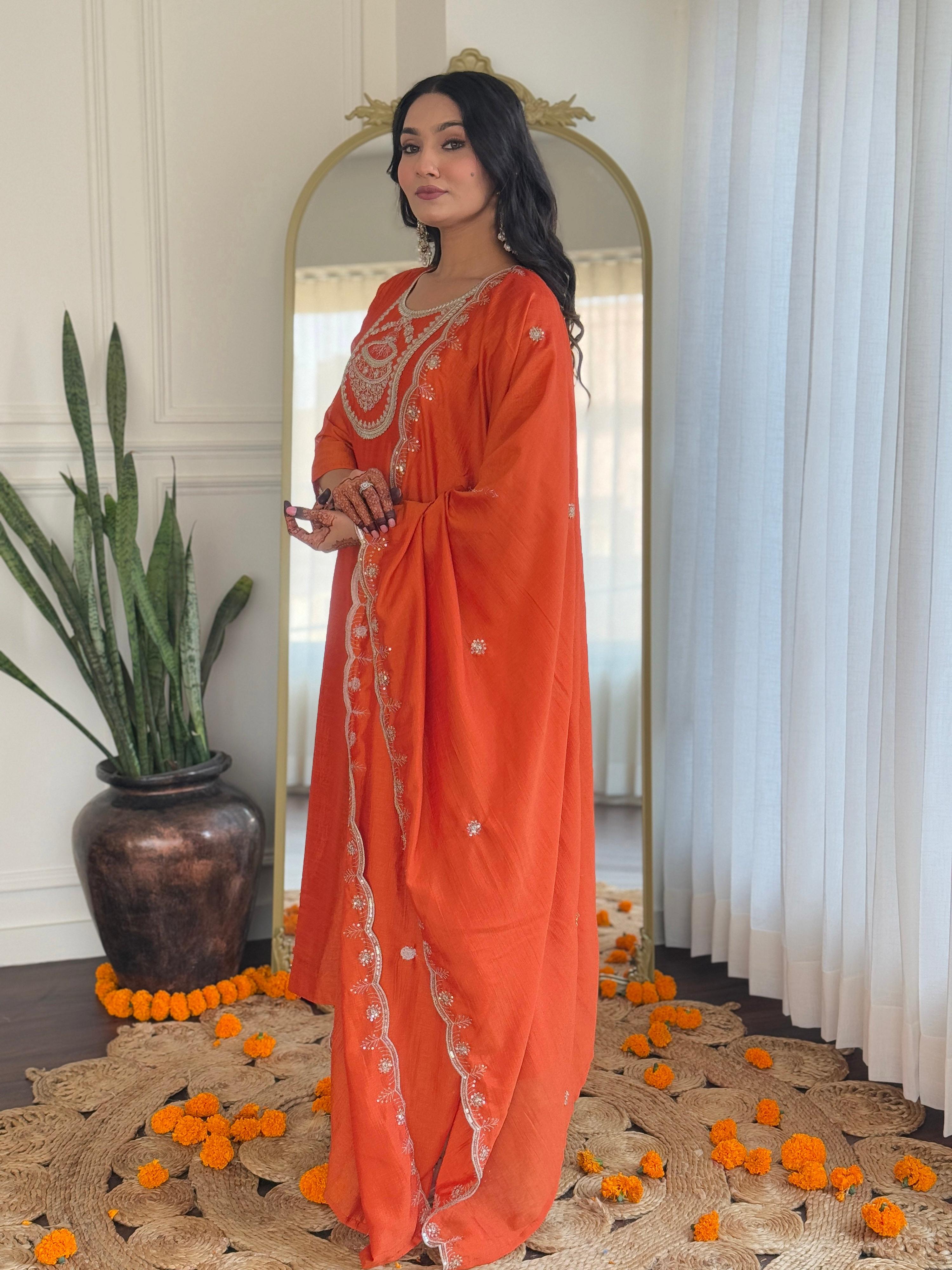The52 Women's Orange Embroidered Vichitra Silk Fabric Straight Kurta, Pant and Dupatta Set - Distacart