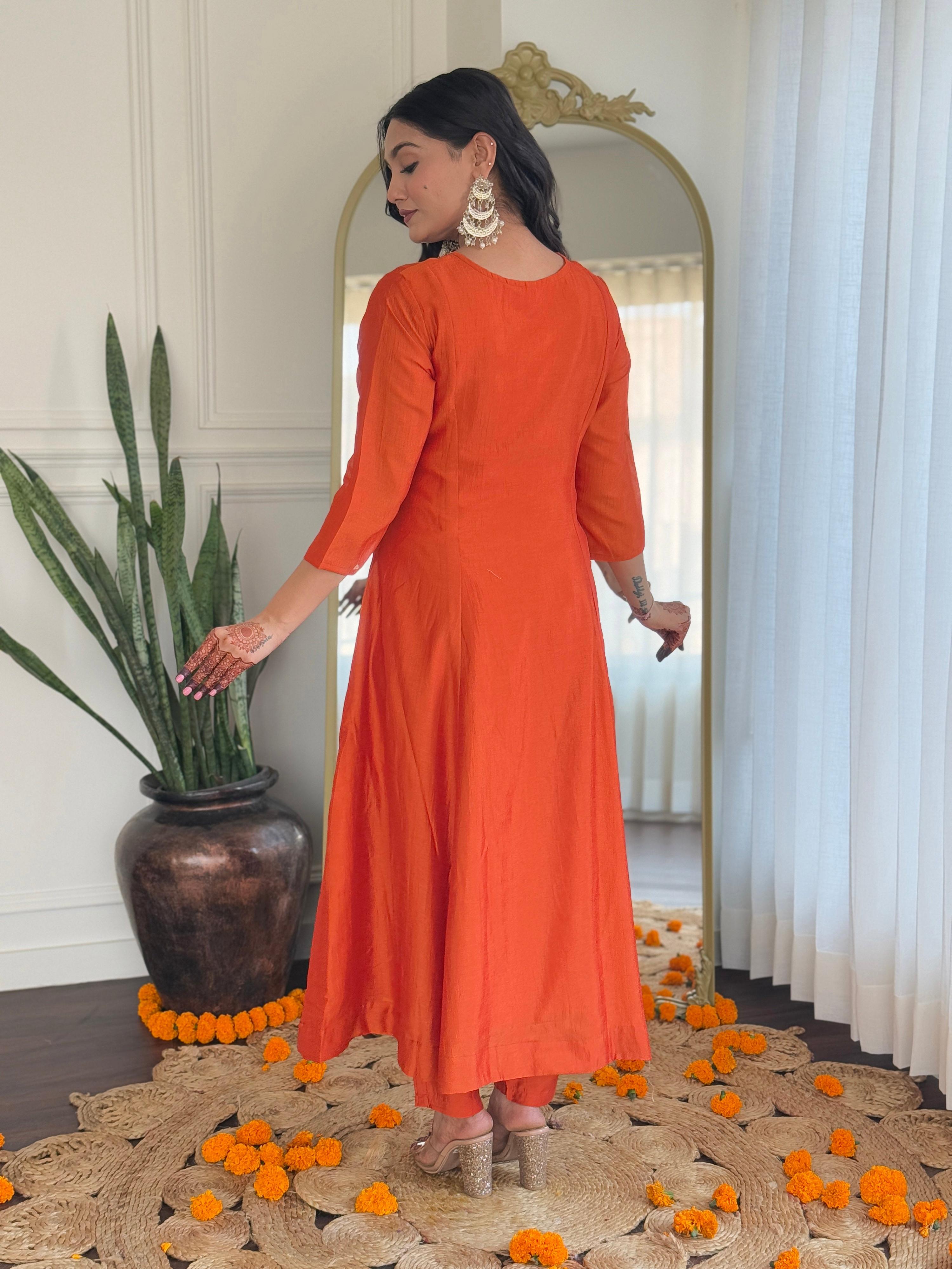 The52 Women's Orange Embroidered Vichitra Silk Fabric Straight Kurta, Pant and Dupatta Set - Distacart