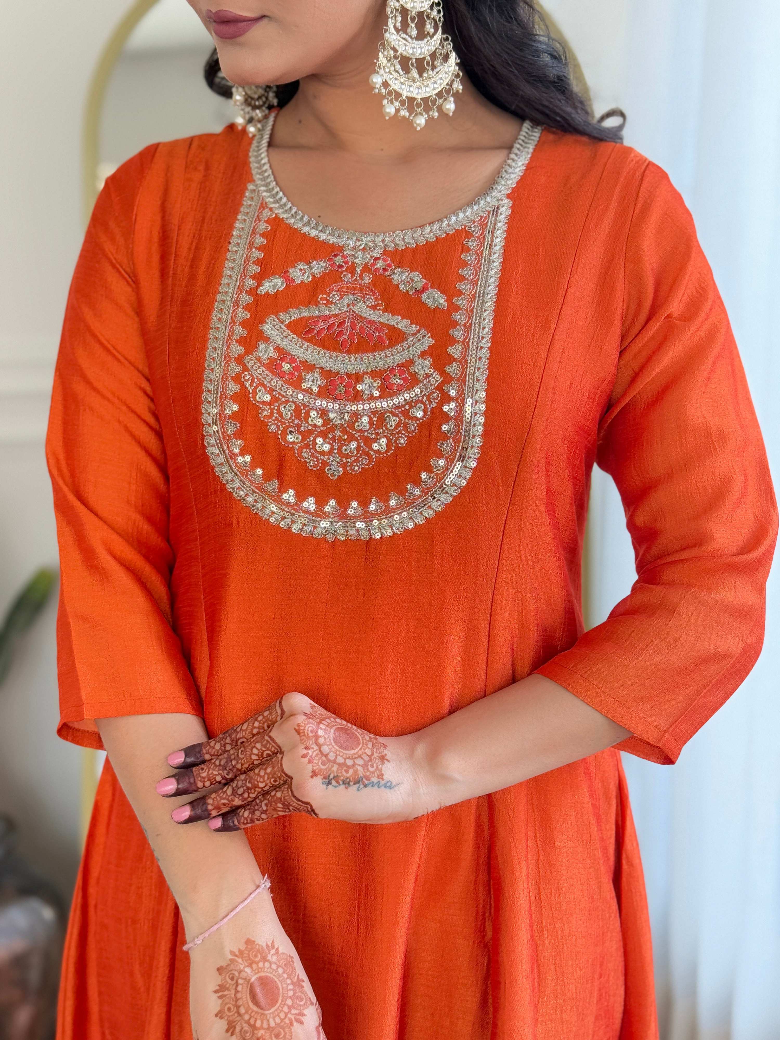 The52 Women's Orange Embroidered Vichitra Silk Fabric Straight Kurta, Pant and Dupatta Set - Distacart