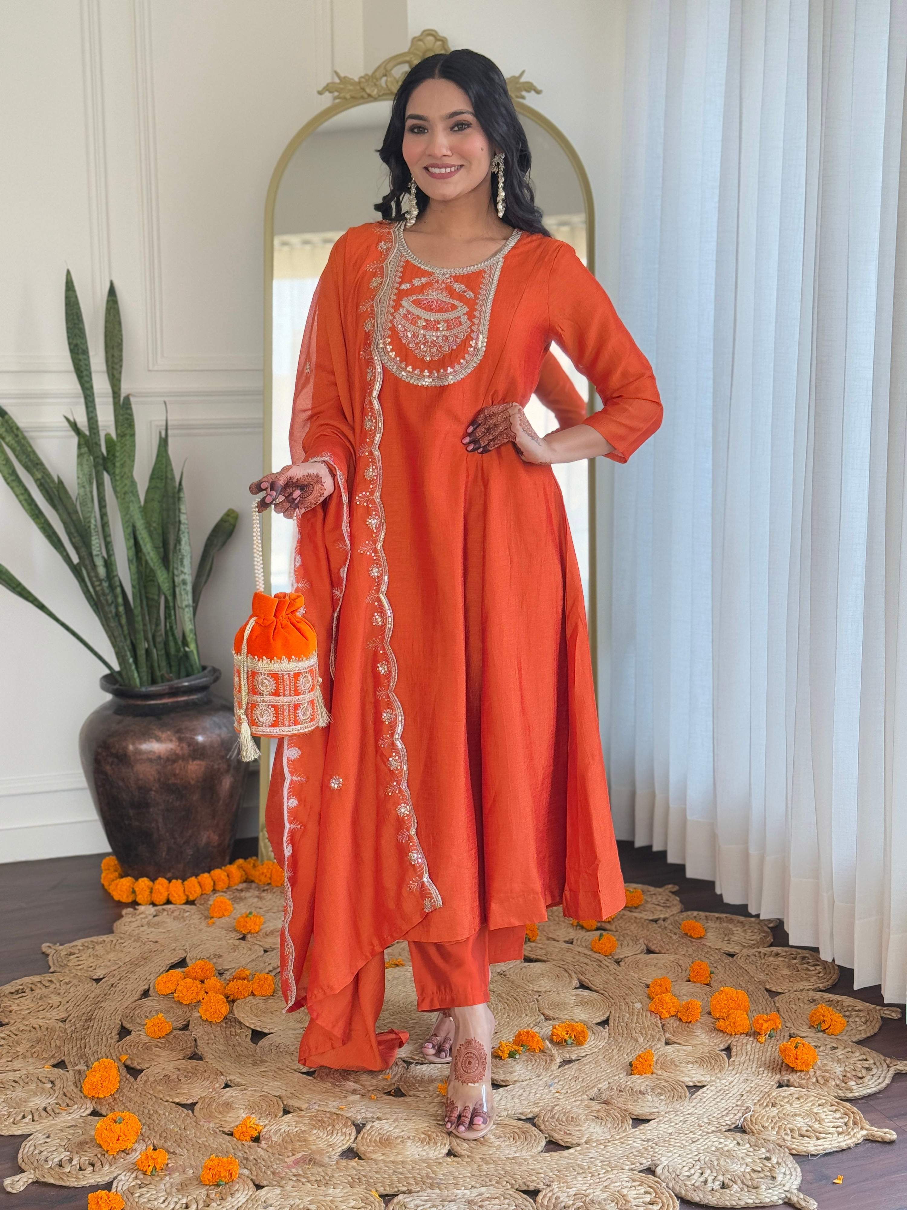 The52 Women's Orange Embroidered Vichitra Silk Fabric Straight Kurta, Pant and Dupatta Set - Distacart