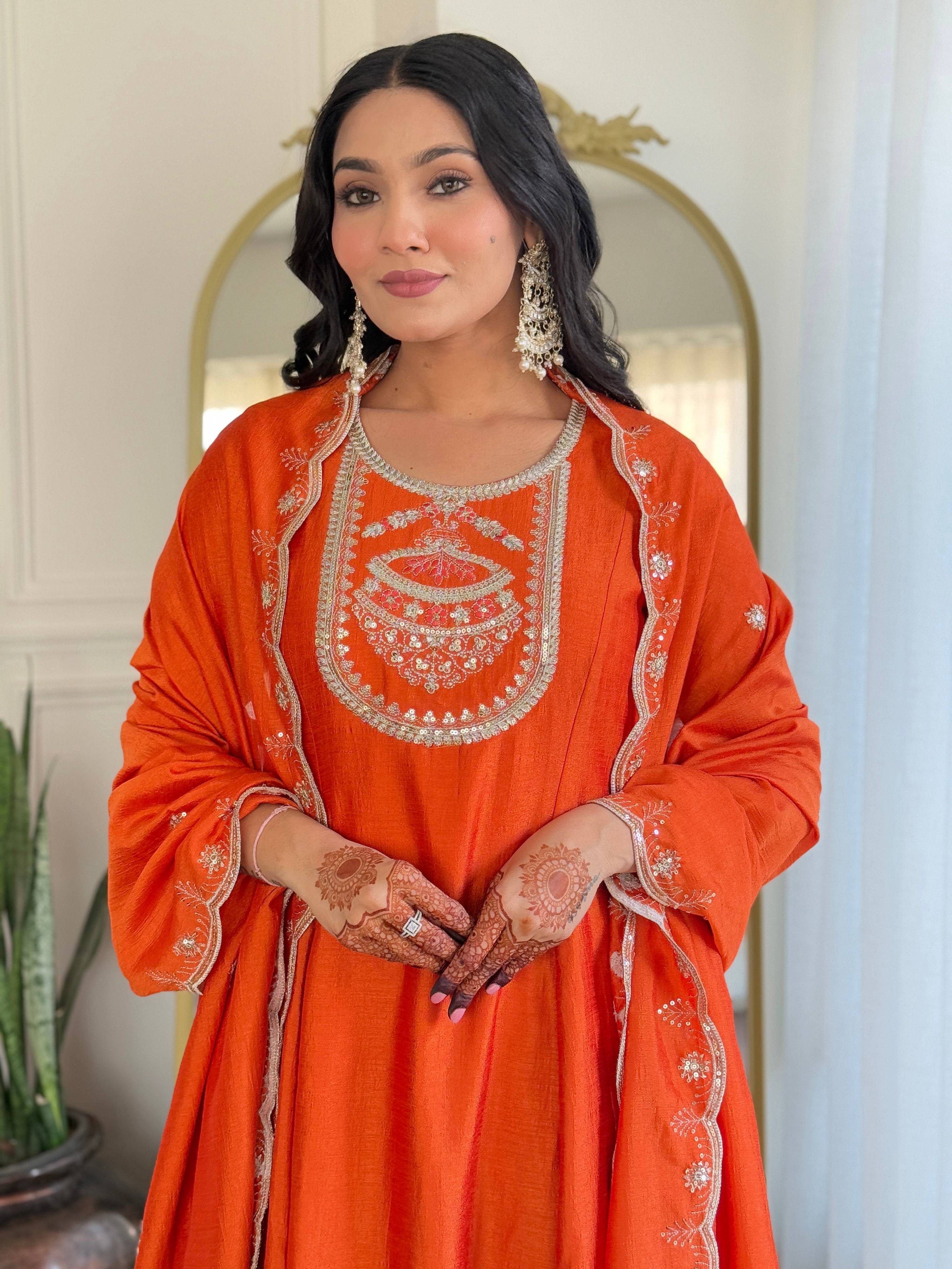 The52 Women's Orange Embroidered Vichitra Silk Fabric Straight Kurta, Pant and Dupatta Set - Distacart