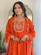 The52 Women's Orange Embroidered Vichitra Silk Fabric Straight Kurta, Pant and Dupatta Set - Distacart