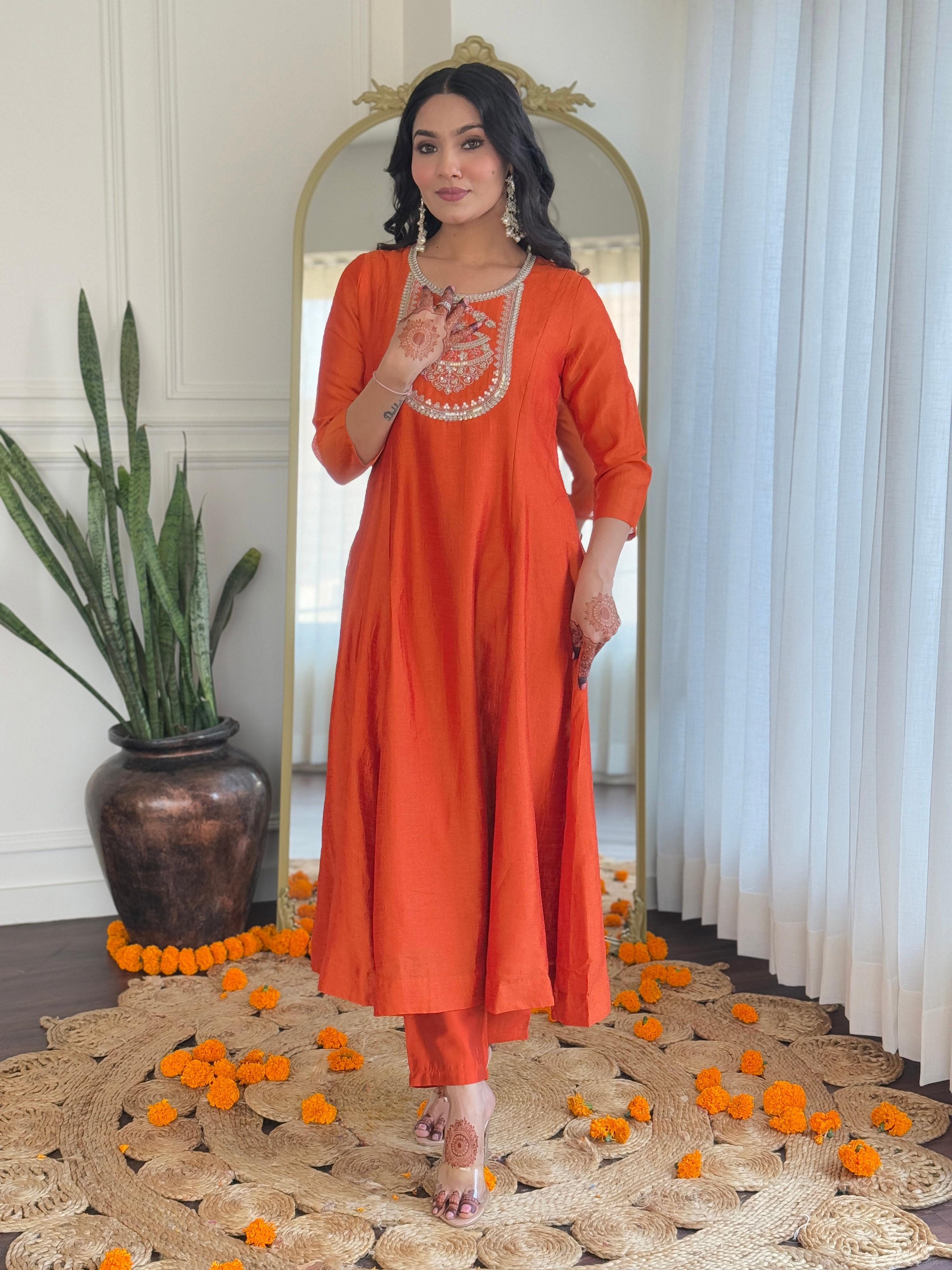The52 Women's Orange Embroidered Vichitra Silk Fabric Straight Kurta, Pant and Dupatta Set - Distacart
