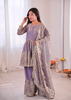 Lorenvalley Fashion Lavender Fendy Satin Embroidery Sequins work with Real Mirror Kurta Palazzo with Dupatta - Distacart