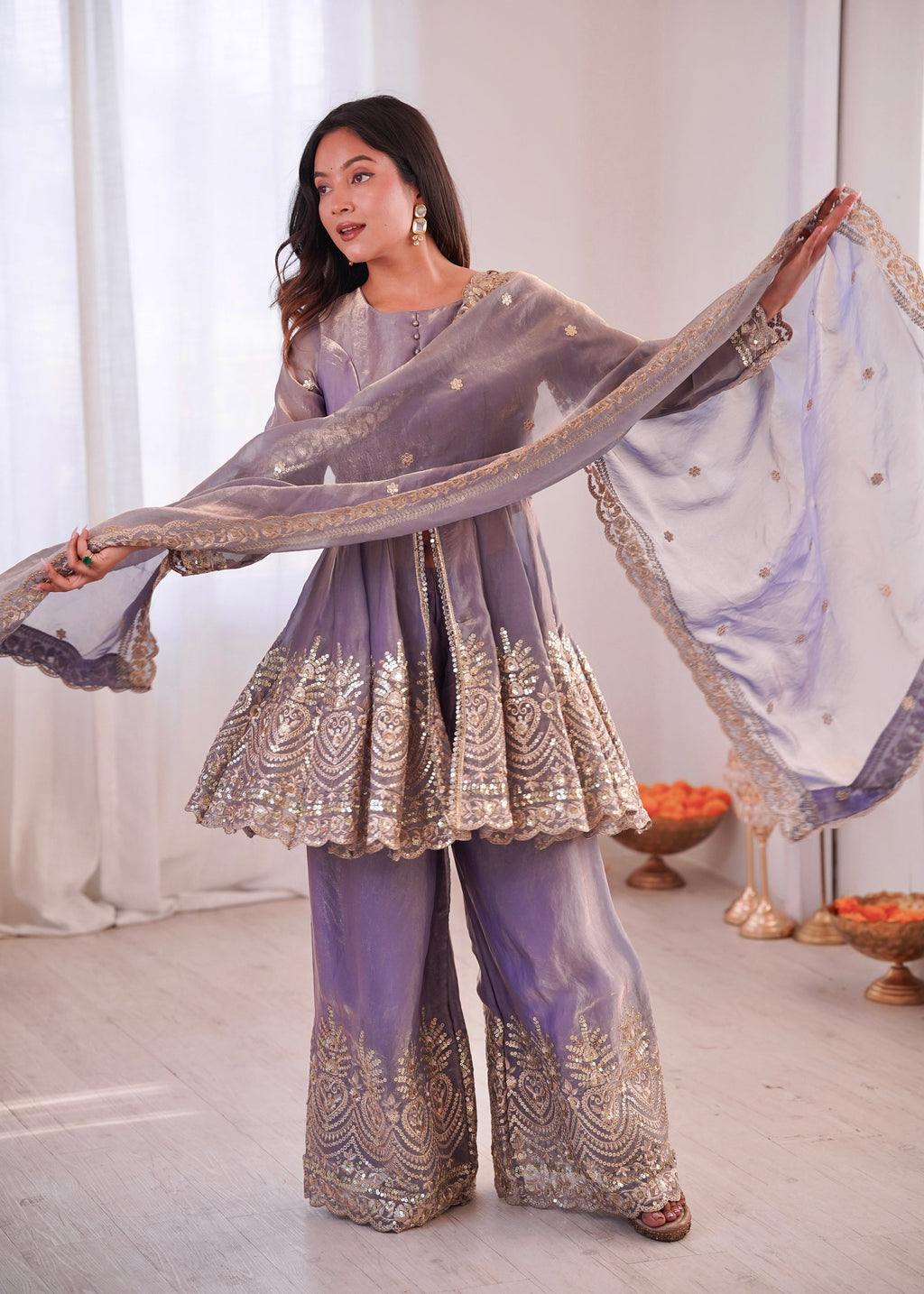 Lorenvalley Fashion Lavender Fendy Satin Embroidery Sequins work with Real Mirror Kurta Palazzo with Dupatta - Distacart