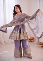 Lorenvalley Fashion Lavender Fendy Satin Embroidery Sequins work with Real Mirror Kurta Palazzo with Dupatta - Distacart
