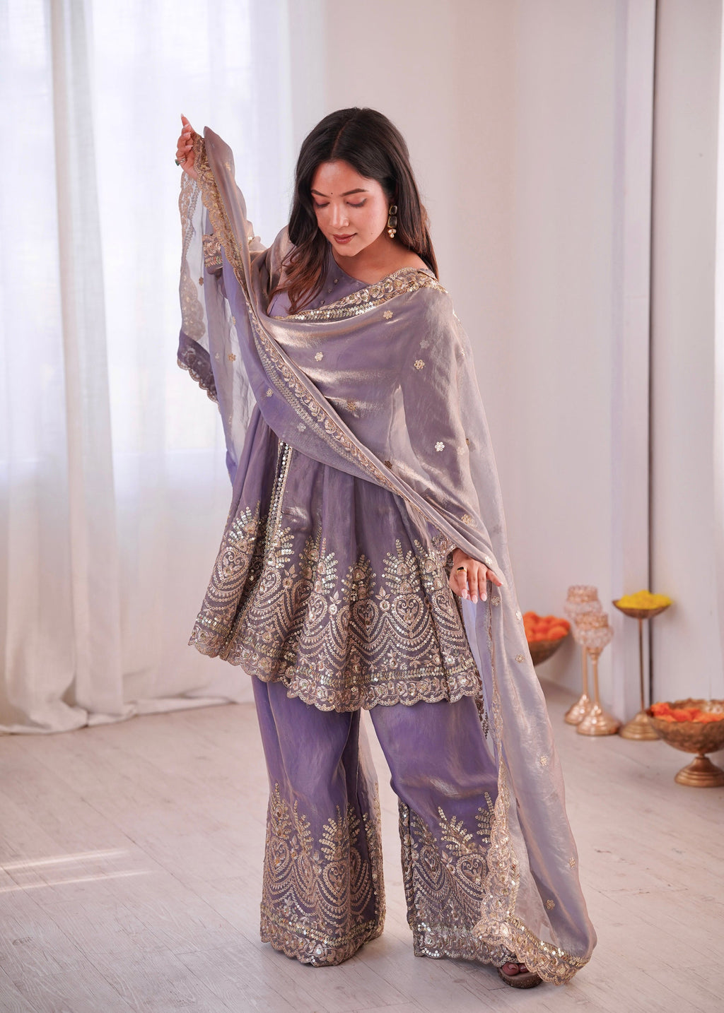 Lorenvalley Fashion Lavender Fendy Satin Embroidery Sequins work with Real Mirror Kurta Palazzo with Dupatta - Distacart