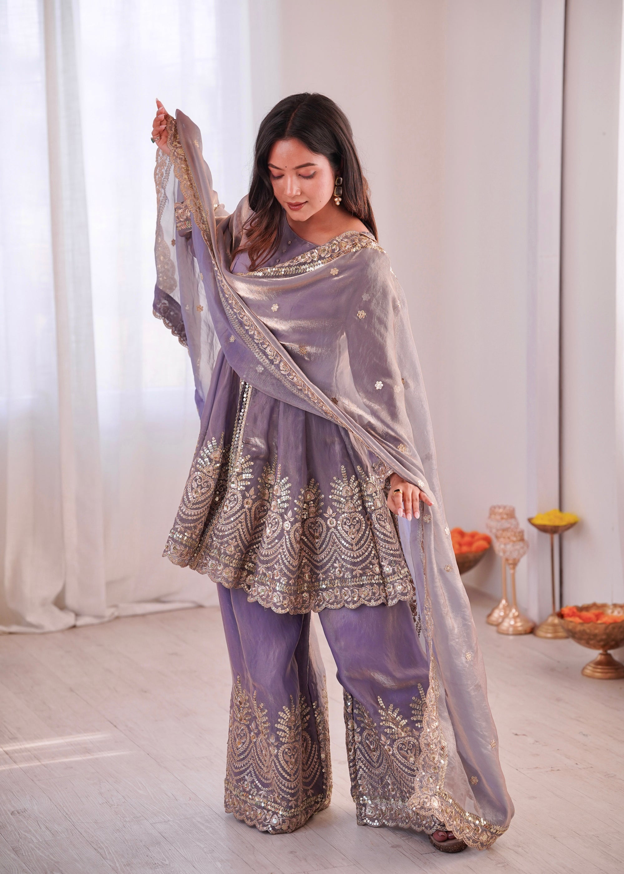 Lorenvalley Fashion Lavender Fendy Satin Embroidery Sequins work with Real Mirror Kurta Palazzo with Dupatta - Distacart