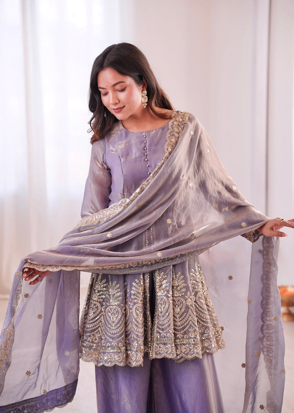 Lorenvalley Fashion Lavender Fendy Satin Embroidery Sequins work with Real Mirror Kurta Palazzo with Dupatta - Distacart
