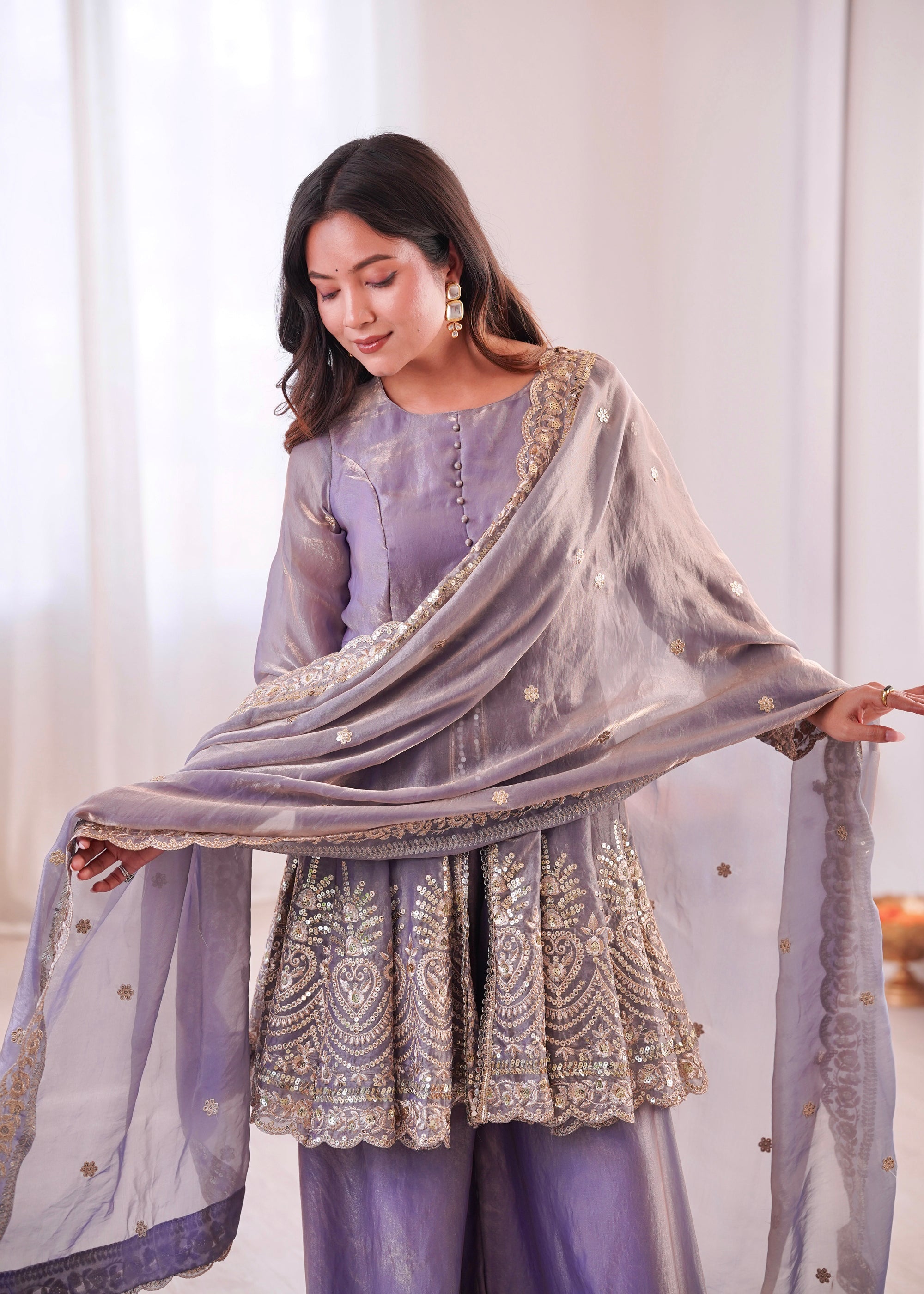 Lorenvalley Fashion Lavender Fendy Satin Embroidery Sequins work with Real Mirror Kurta Palazzo with Dupatta - Distacart