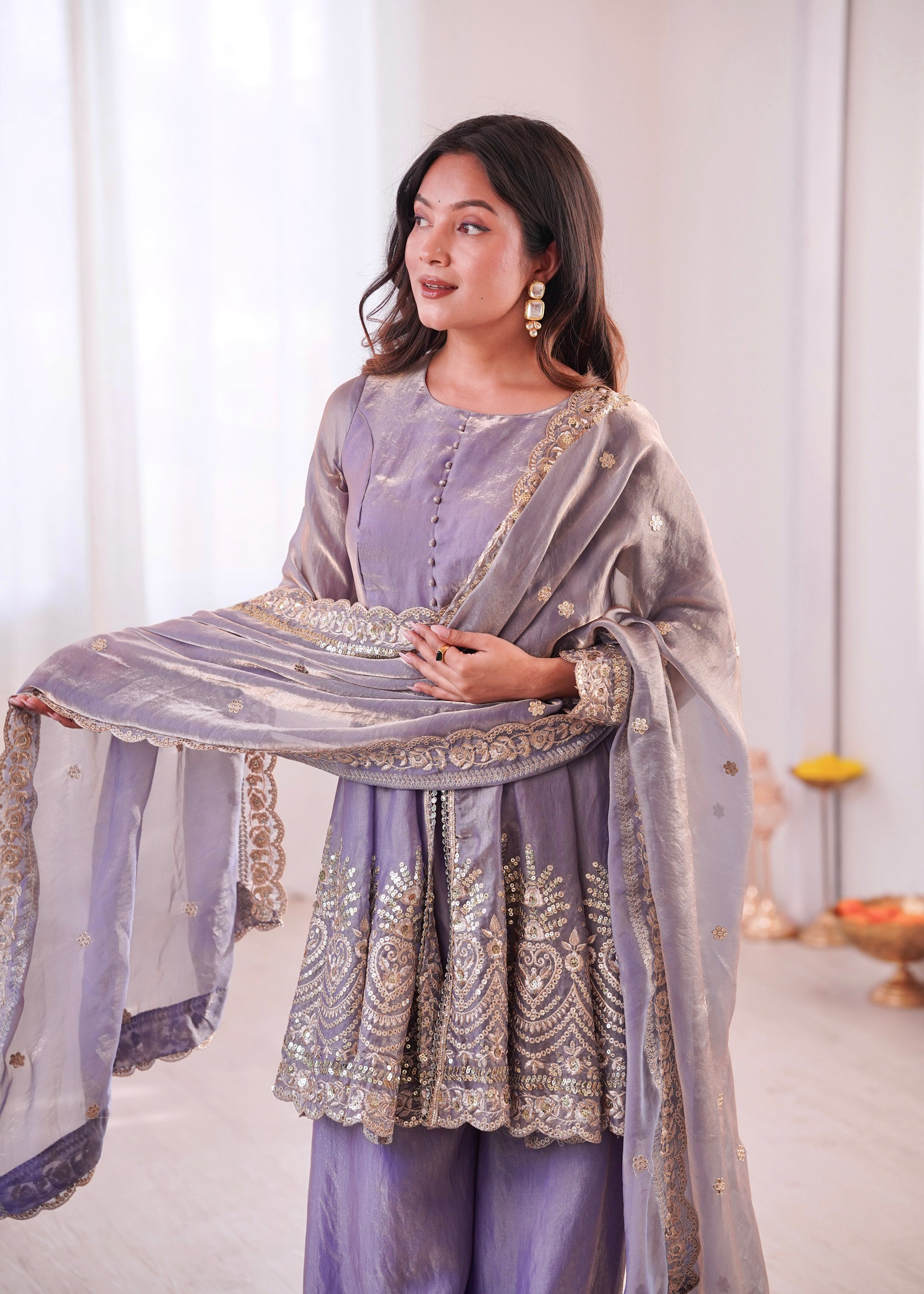 Lorenvalley Fashion Lavender Fendy Satin Embroidery Sequins work with Real Mirror Kurta Palazzo with Dupatta - Distacart