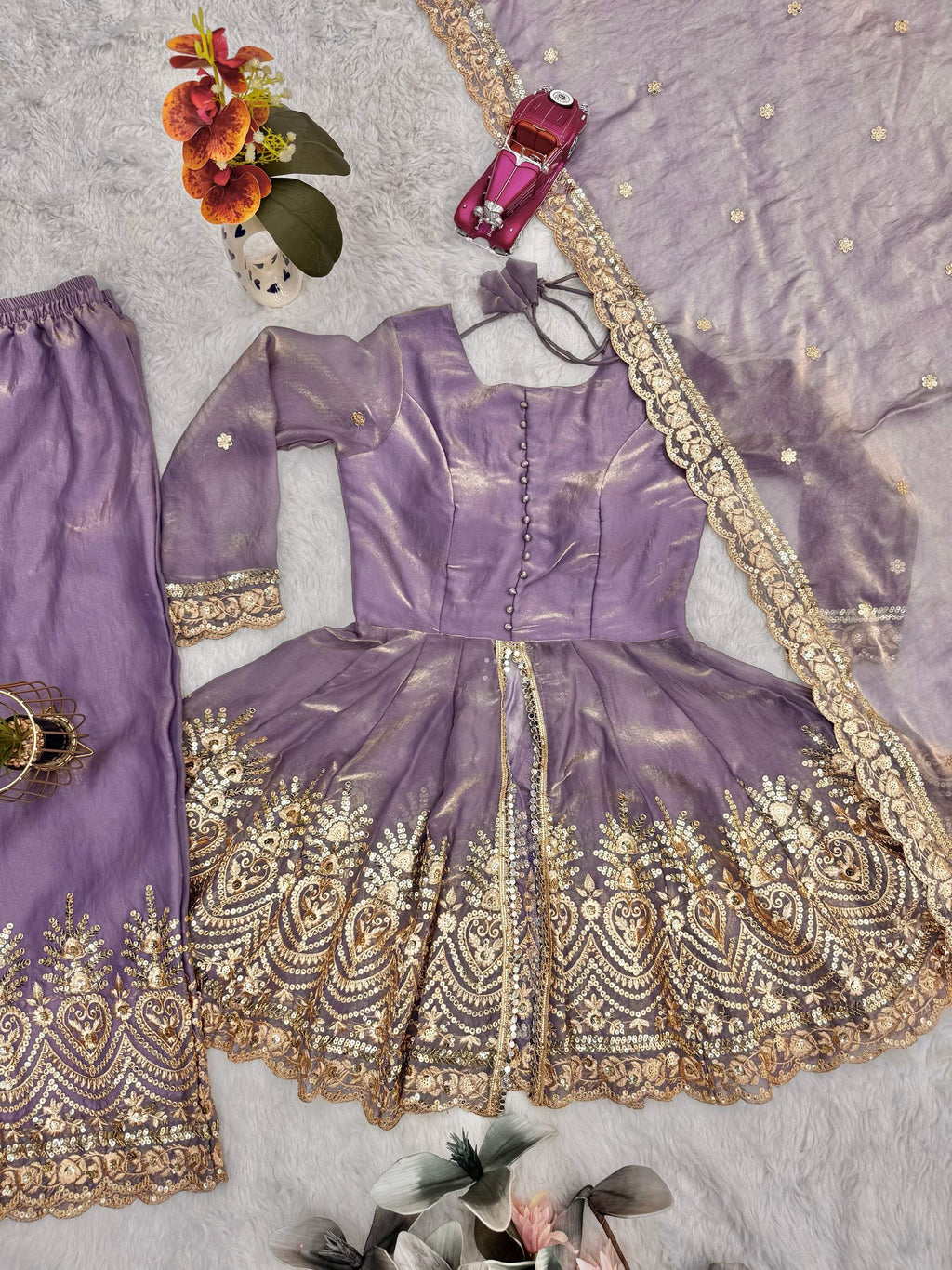 Lorenvalley Fashion Lavender Fendy Satin Embroidery Sequins work with Real Mirror Kurta Palazzo with Dupatta - Distacart