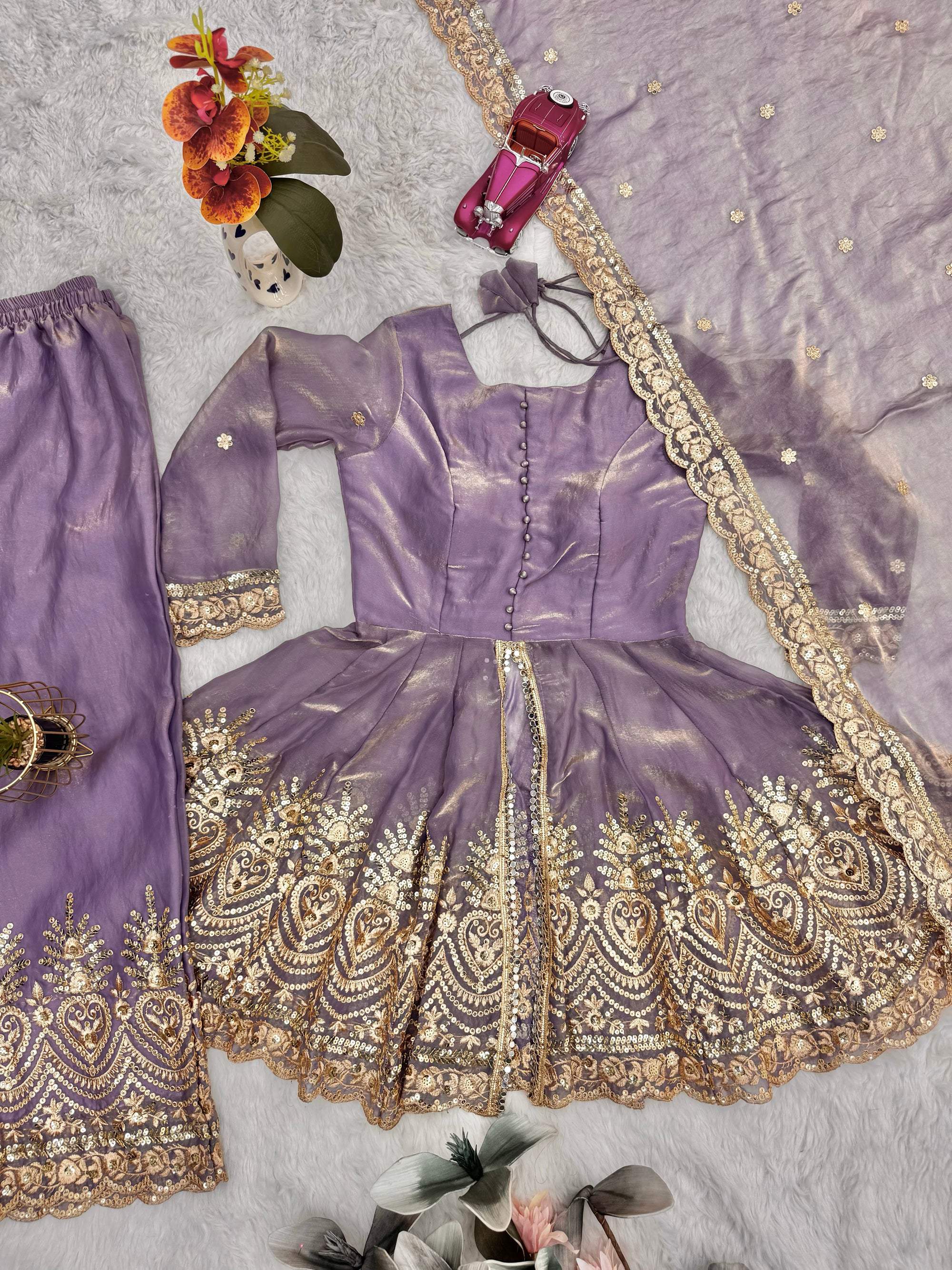 Lorenvalley Fashion Lavender Fendy Satin Embroidery Sequins work with Real Mirror Kurta Palazzo with Dupatta - Distacart