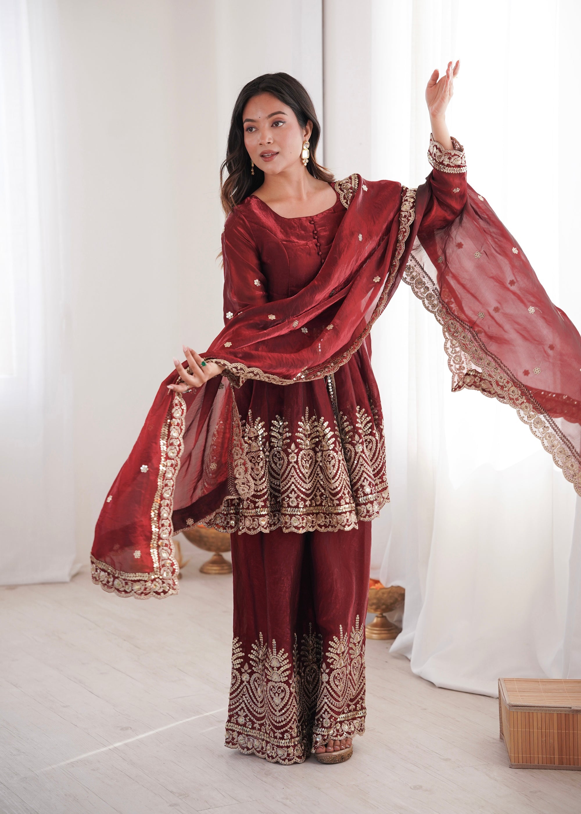 Lorenvalley Fashion Maroon Fendy Satin Embroidery Sequins work with Real Mirror Kurta Palazzo with Dupatta - Distacart