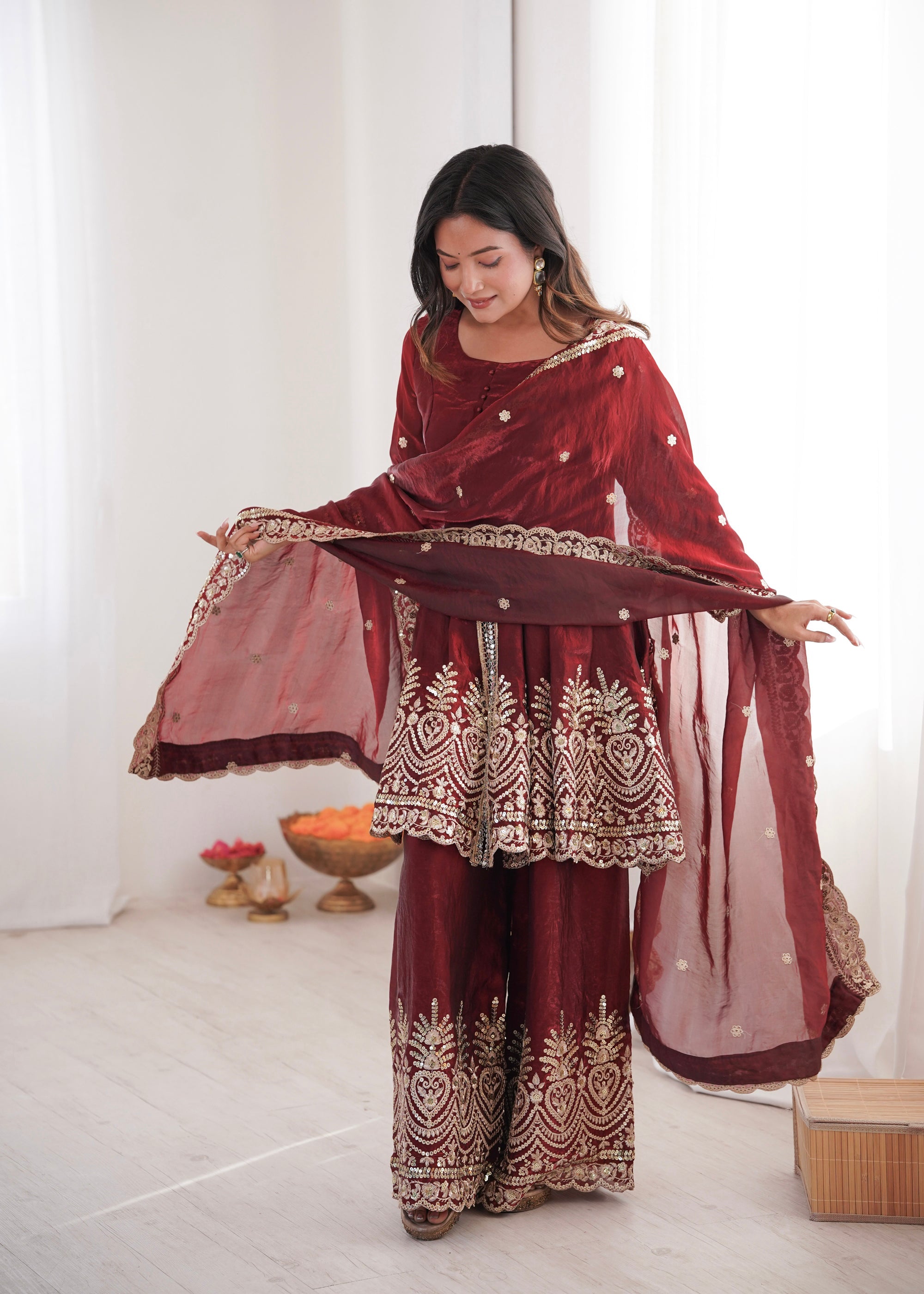 Lorenvalley Fashion Maroon Fendy Satin Embroidery Sequins work with Real Mirror Kurta Palazzo with Dupatta - Distacart