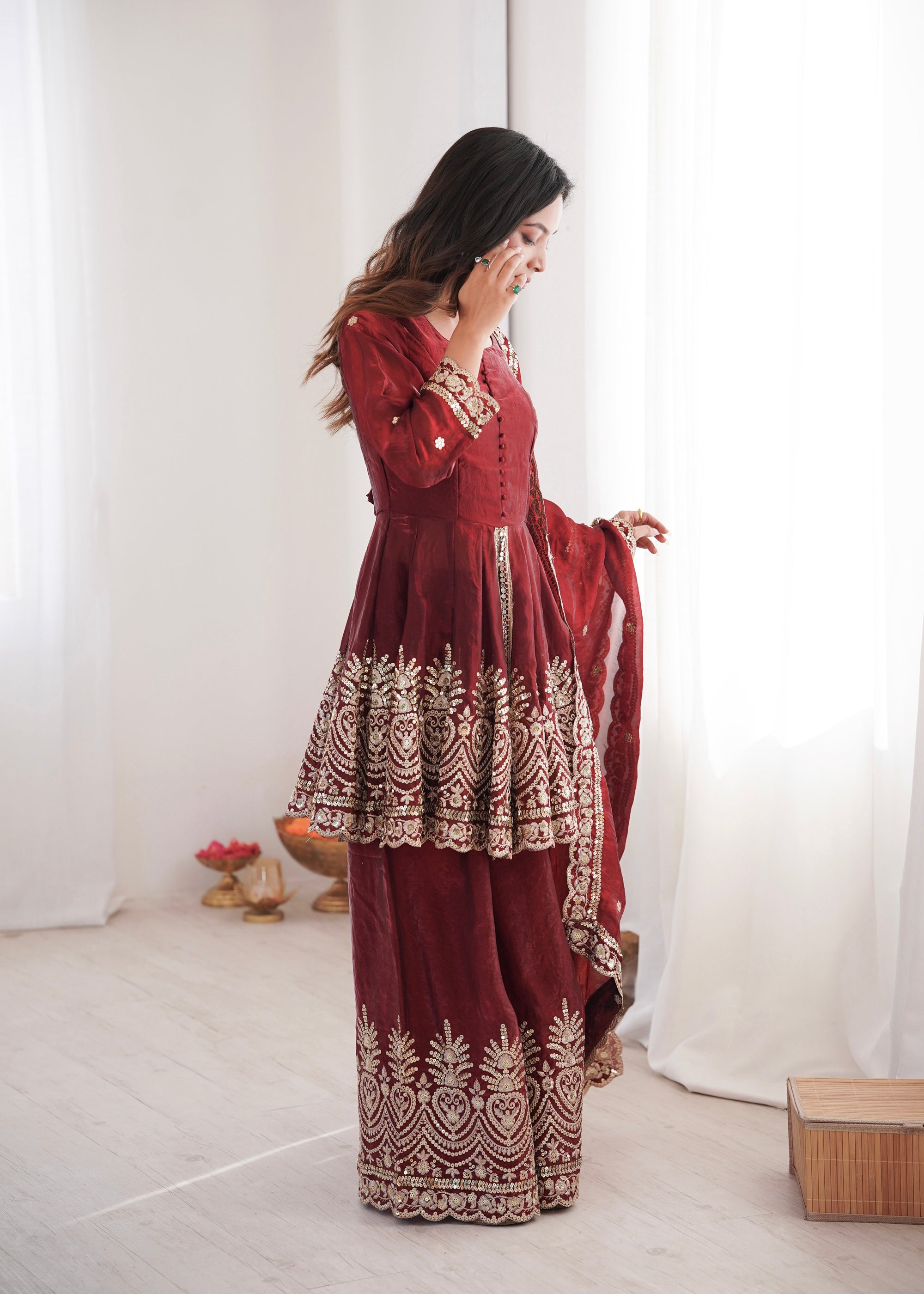 Lorenvalley Fashion Maroon Fendy Satin Embroidery Sequins work with Real Mirror Kurta Palazzo with Dupatta - Distacart