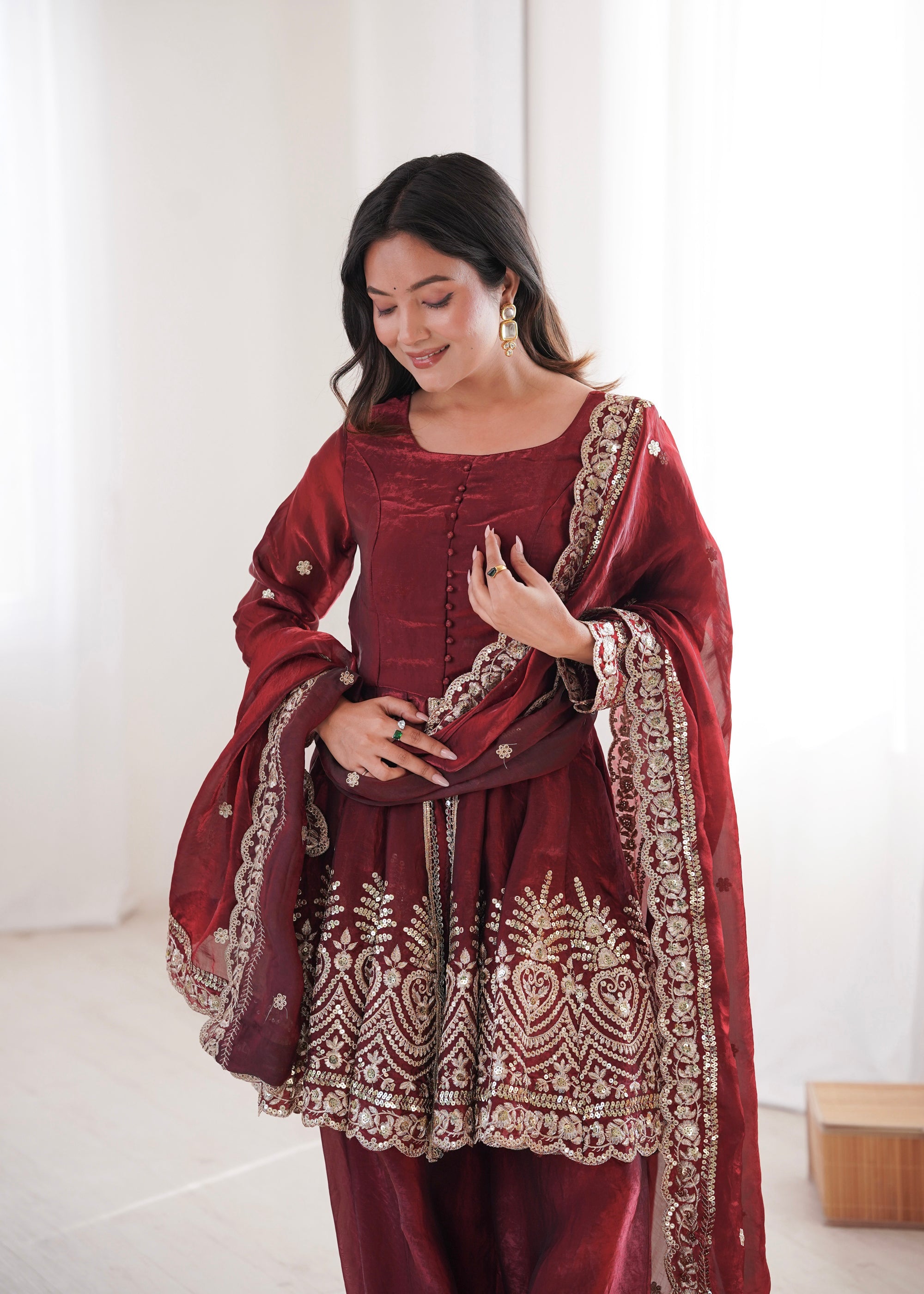 Lorenvalley Fashion Maroon Fendy Satin Embroidery Sequins work with Real Mirror Kurta Palazzo with Dupatta - Distacart