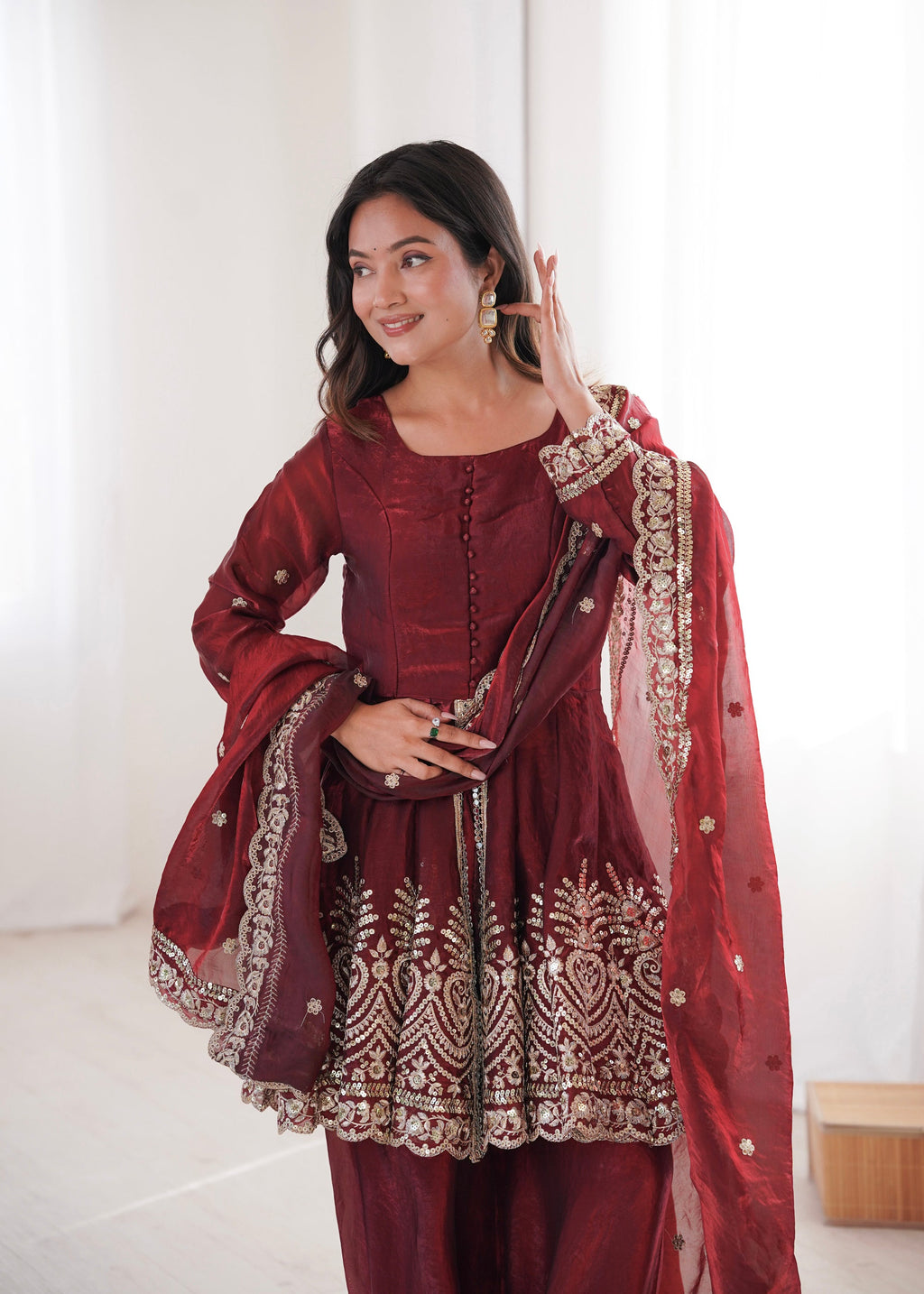 Lorenvalley Fashion Maroon Fendy Satin Embroidery Sequins work with Real Mirror Kurta Palazzo with Dupatta - Distacart