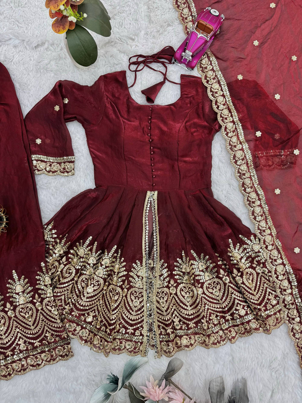 Lorenvalley Fashion Maroon Fendy Satin Embroidery Sequins work with Real Mirror Kurta Palazzo with Dupatta - Distacart