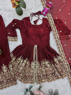 Lorenvalley Fashion Maroon Fendy Satin Embroidery Sequins work with Real Mirror Kurta Palazzo with Dupatta - Distacart