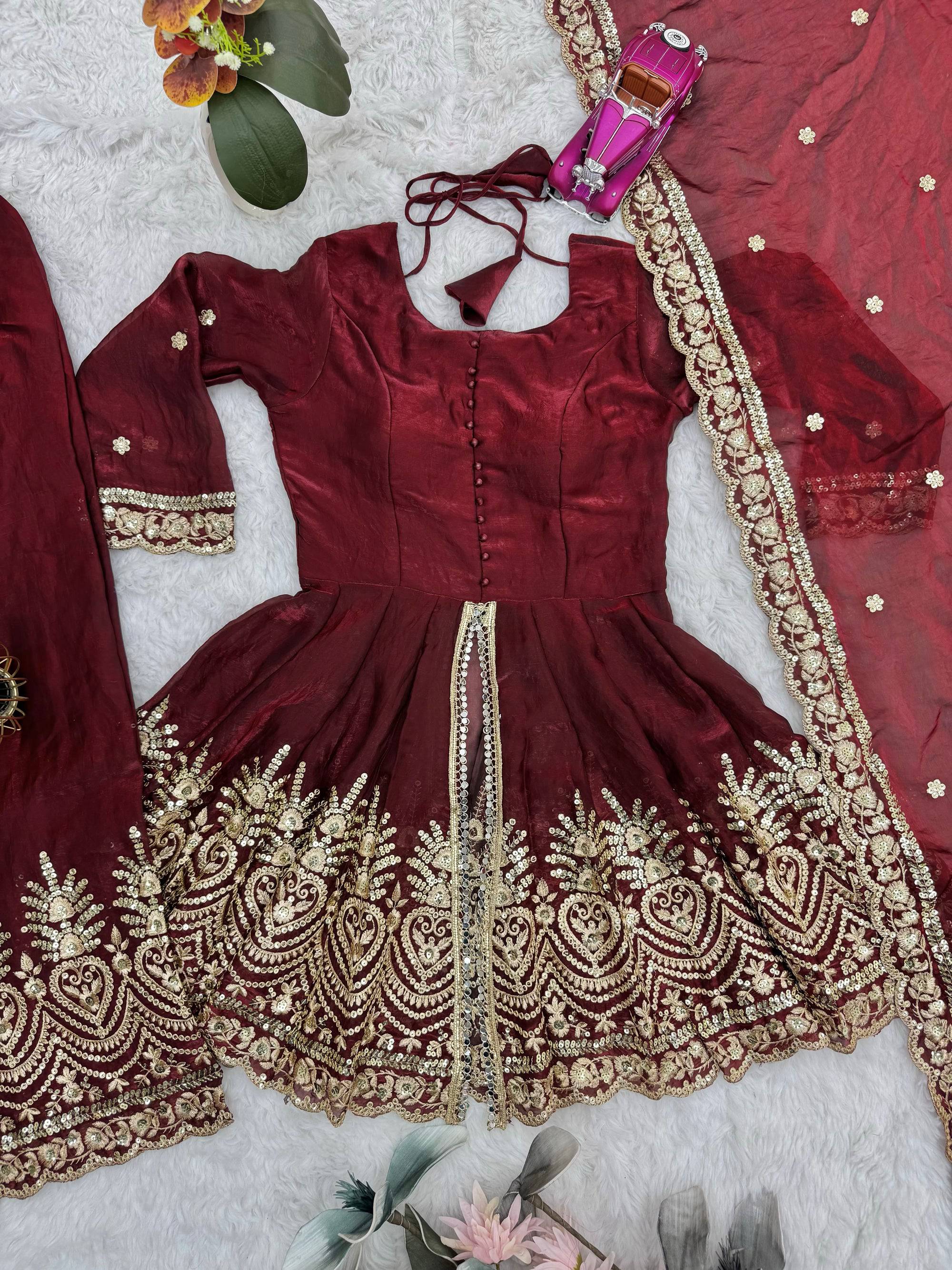 Lorenvalley Fashion Maroon Fendy Satin Embroidery Sequins work with Real Mirror Kurta Palazzo with Dupatta - Distacart