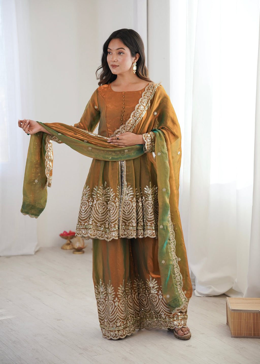 Lorenvalley Fashion Mehendi Fendy Satin Embroidery Sequins work with Real Mirror Kurta Palazzo with Dupatta - Distacart