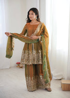 Lorenvalley Fashion Mehendi Fendy Satin Embroidery Sequins work with Real Mirror Kurta Palazzo with Dupatta - Distacart