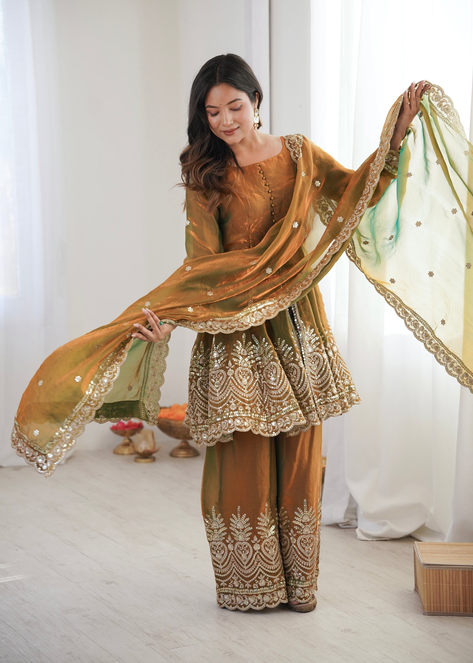Lorenvalley Fashion Mehendi Fendy Satin Embroidery Sequins work with Real Mirror Kurta Palazzo with Dupatta - Distacart