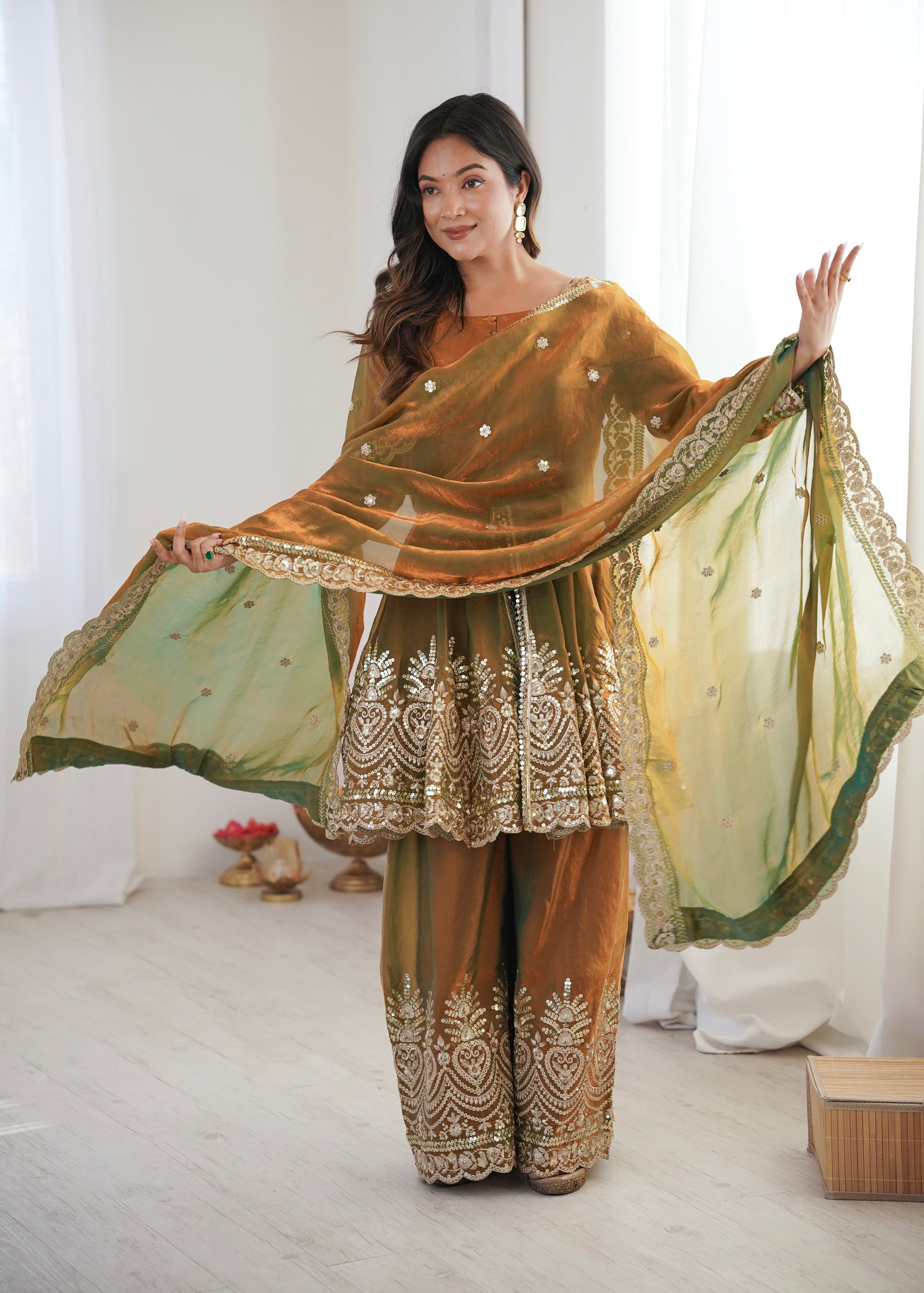 Lorenvalley Fashion Mehendi Fendy Satin Embroidery Sequins work with Real Mirror Kurta Palazzo with Dupatta - Distacart