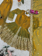 Lorenvalley Fashion Mehendi Fendy Satin Embroidery Sequins work with Real Mirror Kurta Palazzo with Dupatta - Distacart