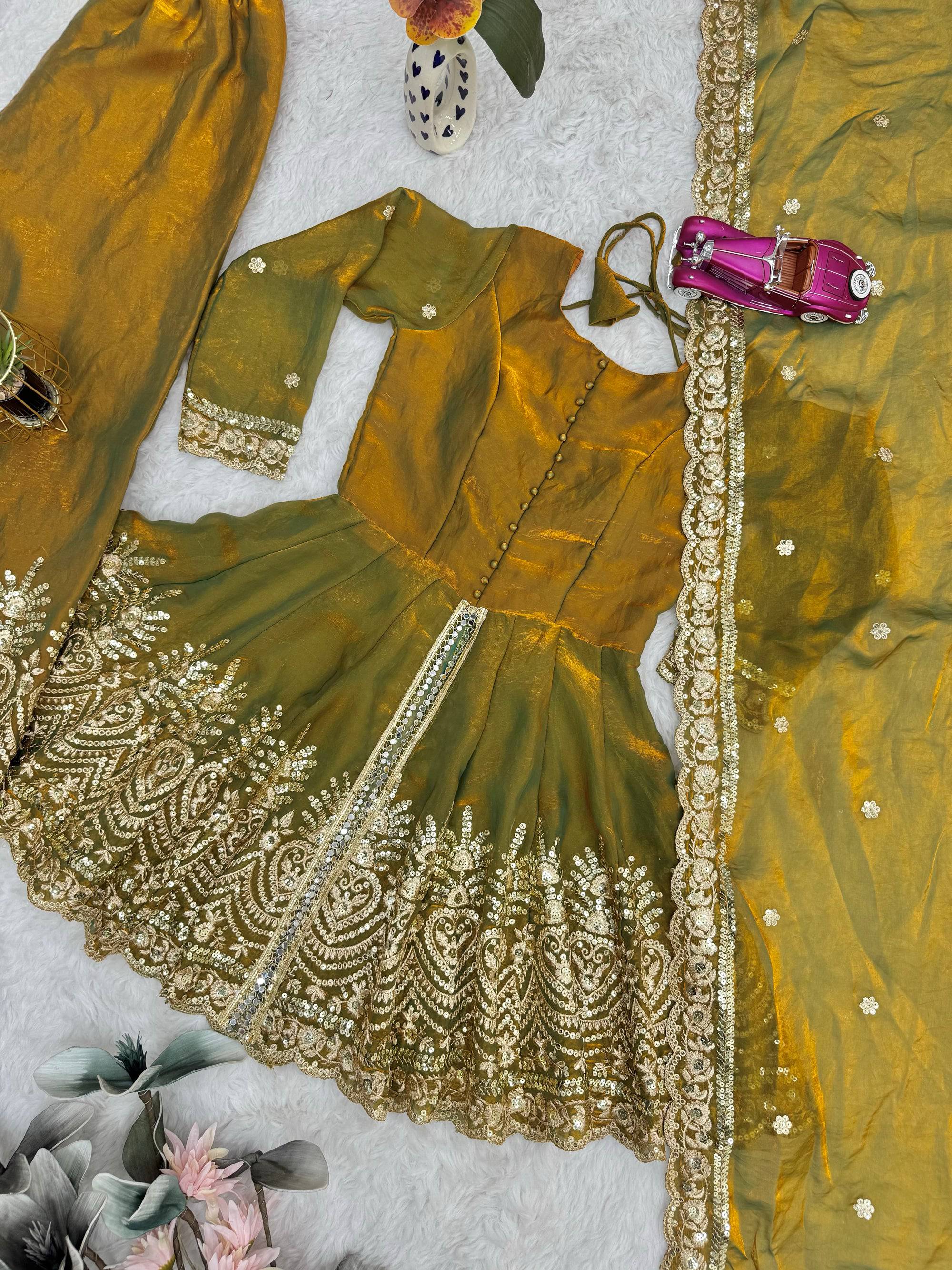 Lorenvalley Fashion Mehendi Fendy Satin Embroidery Sequins work with Real Mirror Kurta Palazzo with Dupatta - Distacart