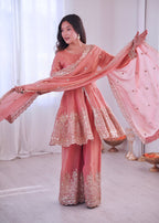 Lorenvalley Fashion Peach Fendy Satin Embroidery Sequins work with Real Mirror Kurta Palazzo with Dupatta - Distacart
