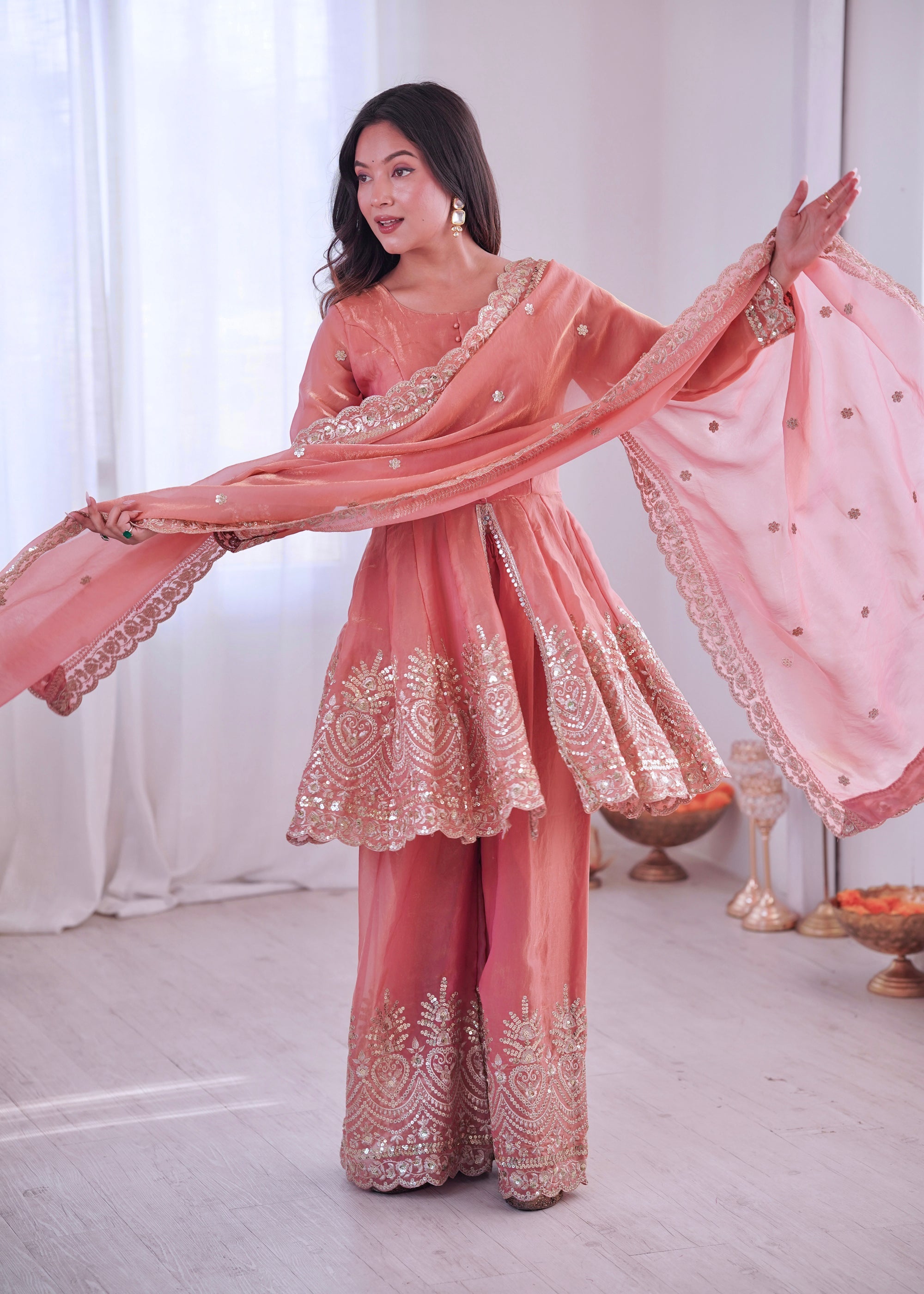 Lorenvalley Fashion Peach Fendy Satin Embroidery Sequins work with Real Mirror Kurta Palazzo with Dupatta - Distacart
