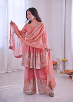 Lorenvalley Fashion Peach Fendy Satin Embroidery Sequins work with Real Mirror Kurta Palazzo with Dupatta - Distacart
