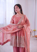 Lorenvalley Fashion Peach Fendy Satin Embroidery Sequins work with Real Mirror Kurta Palazzo with Dupatta - Distacart