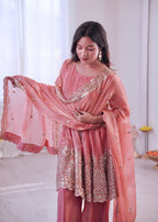 Lorenvalley Fashion Peach Fendy Satin Embroidery Sequins work with Real Mirror Kurta Palazzo with Dupatta - Distacart