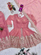 Lorenvalley Fashion Peach Fendy Satin Embroidery Sequins work with Real Mirror Kurta Palazzo with Dupatta - Distacart