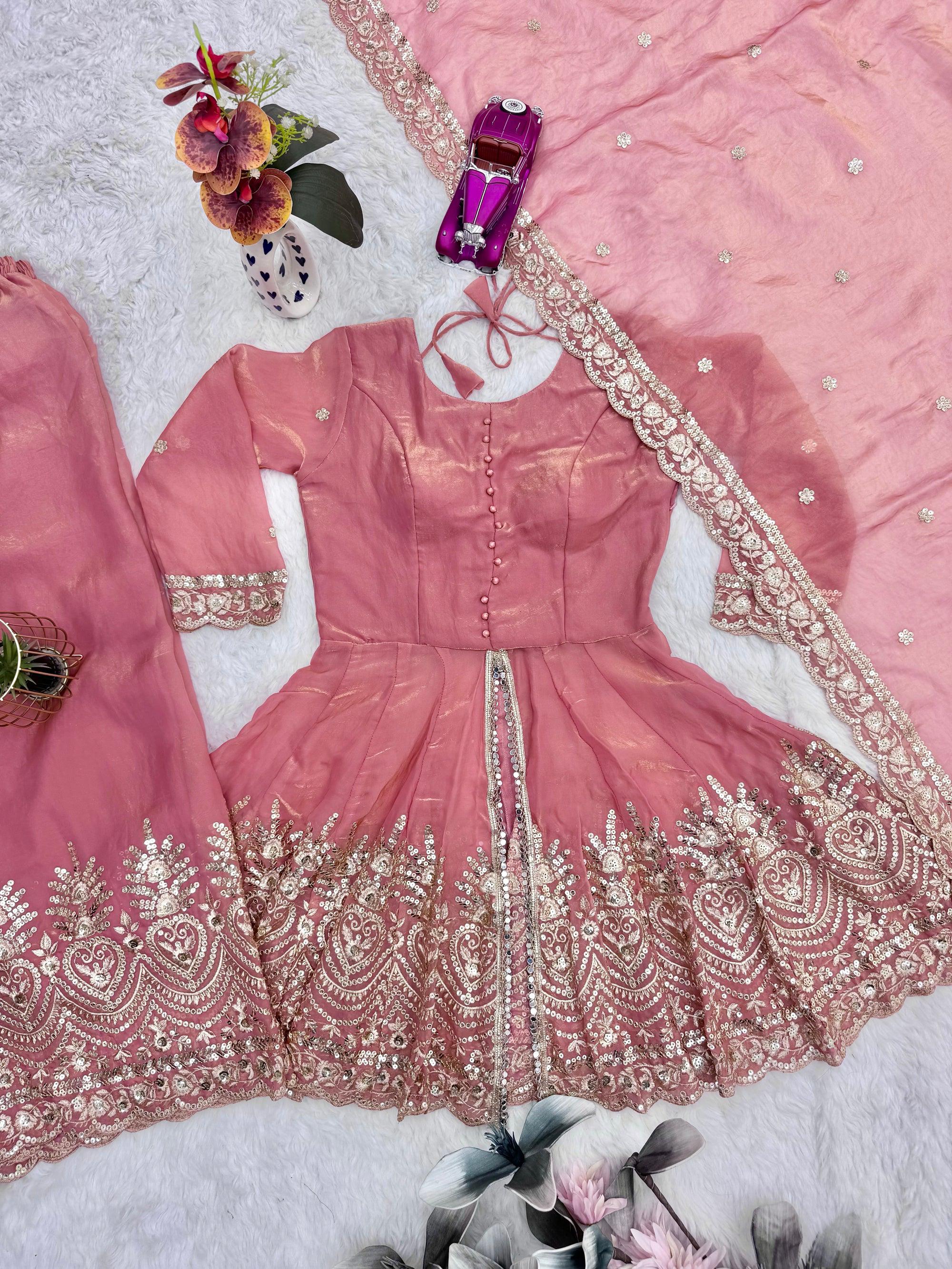 Lorenvalley Fashion Peach Fendy Satin Embroidery Sequins work with Real Mirror Kurta Palazzo with Dupatta - Distacart