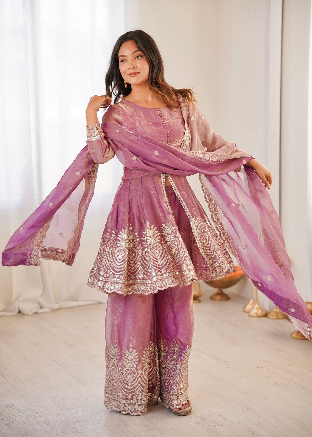 Lorenvalley Fashion Pink Fendy Satin Embroidery Sequins work with Real Mirror Kurta Palazzo with Dupatta - Distacart