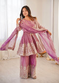 Lorenvalley Fashion Pink Fendy Satin Embroidery Sequins work with Real Mirror Kurta Palazzo with Dupatta - Distacart