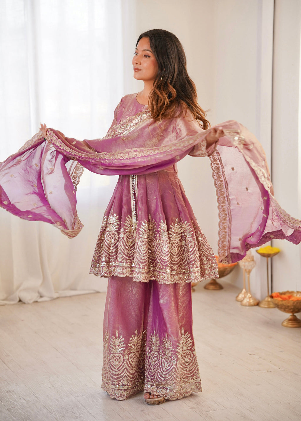 Lorenvalley Fashion Pink Fendy Satin Embroidery Sequins work with Real Mirror Kurta Palazzo with Dupatta - Distacart