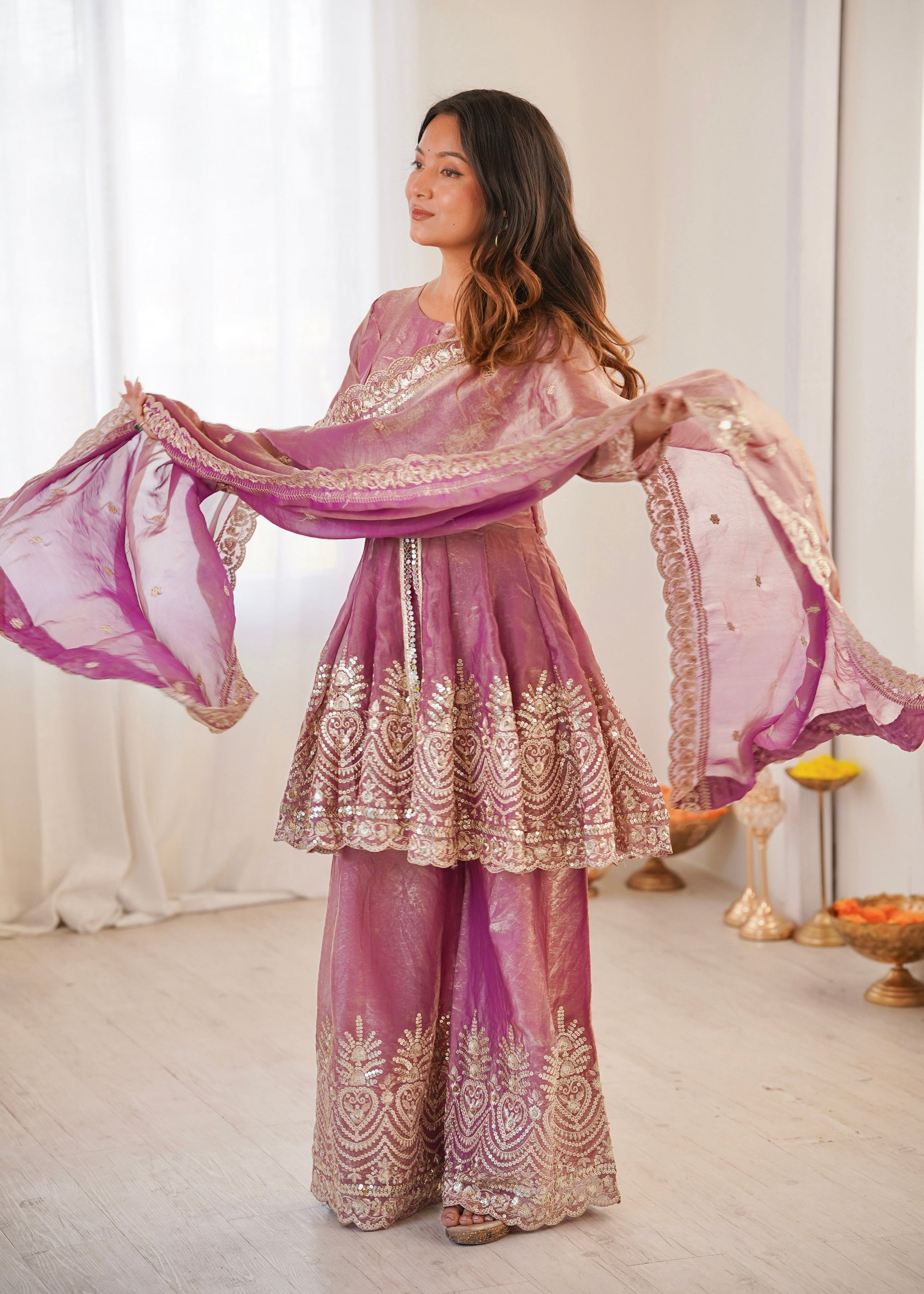 Lorenvalley Fashion Pink Fendy Satin Embroidery Sequins work with Real Mirror Kurta Palazzo with Dupatta - Distacart
